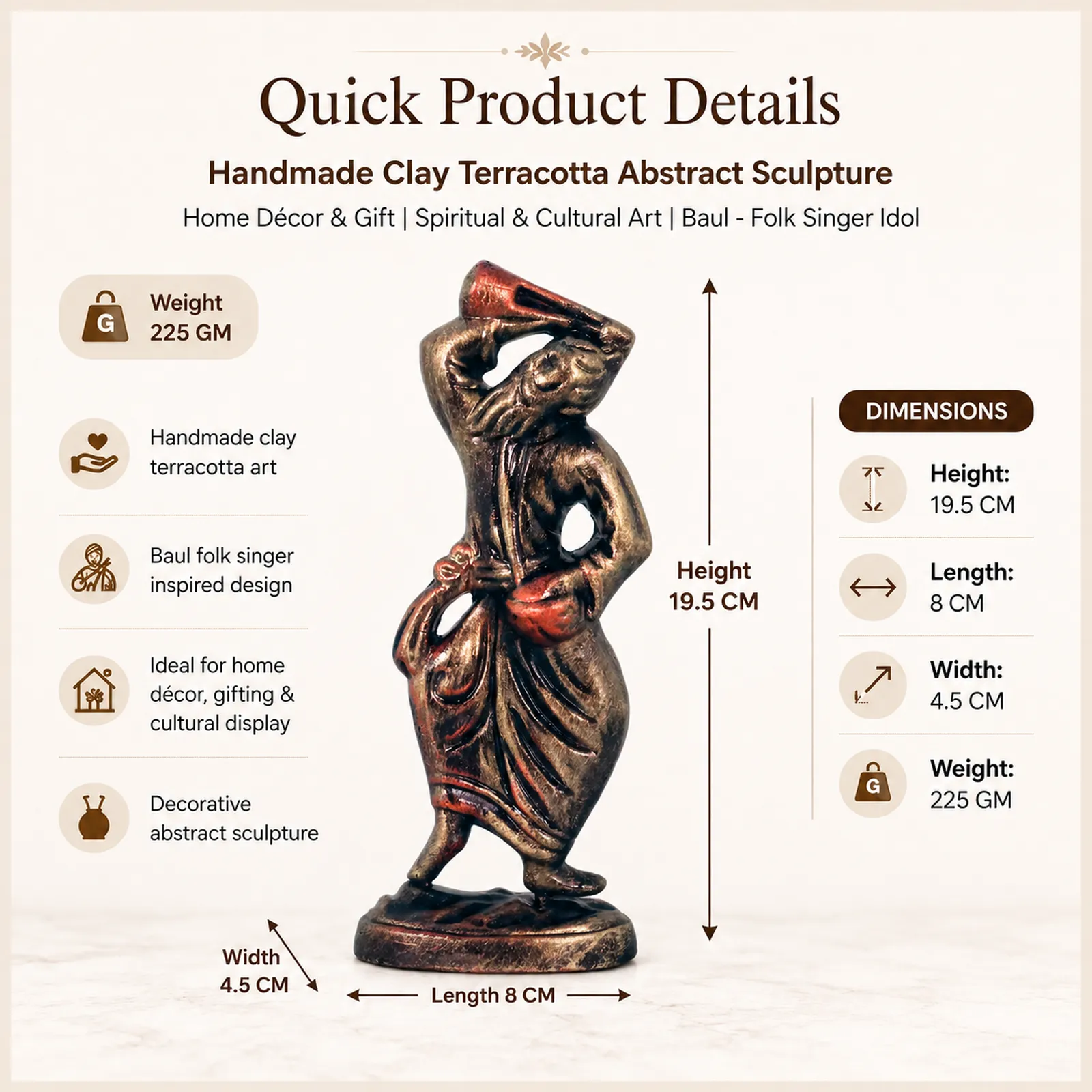 Baul - Folk Singer - Metallic Golden | Handmade Terracotta Clay Figurine | Abstract Terracotta Showpieces