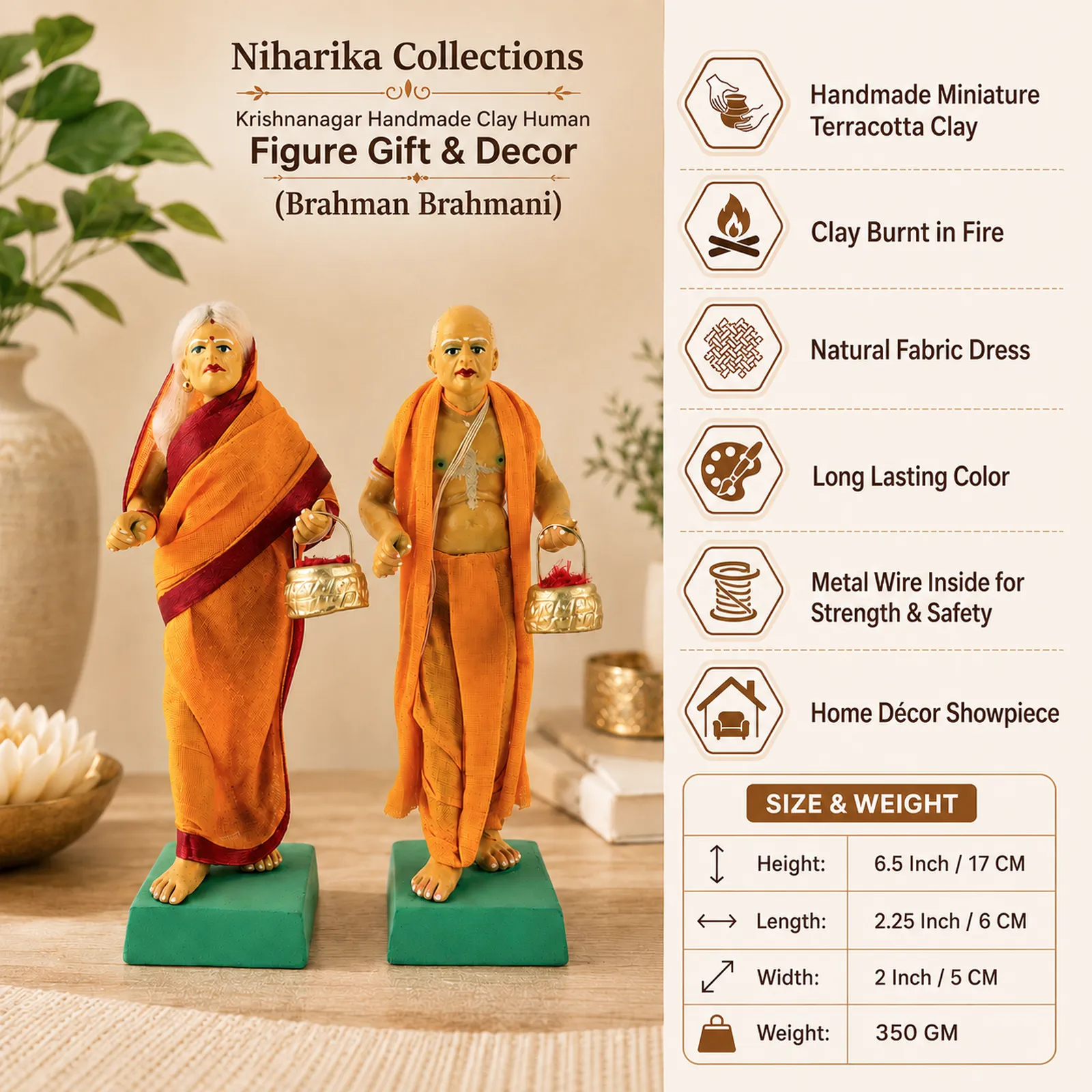Brahman Brahmani - Set of 2 | Handmade Terracotta Clay Figurine | Standing Human Figure Idols