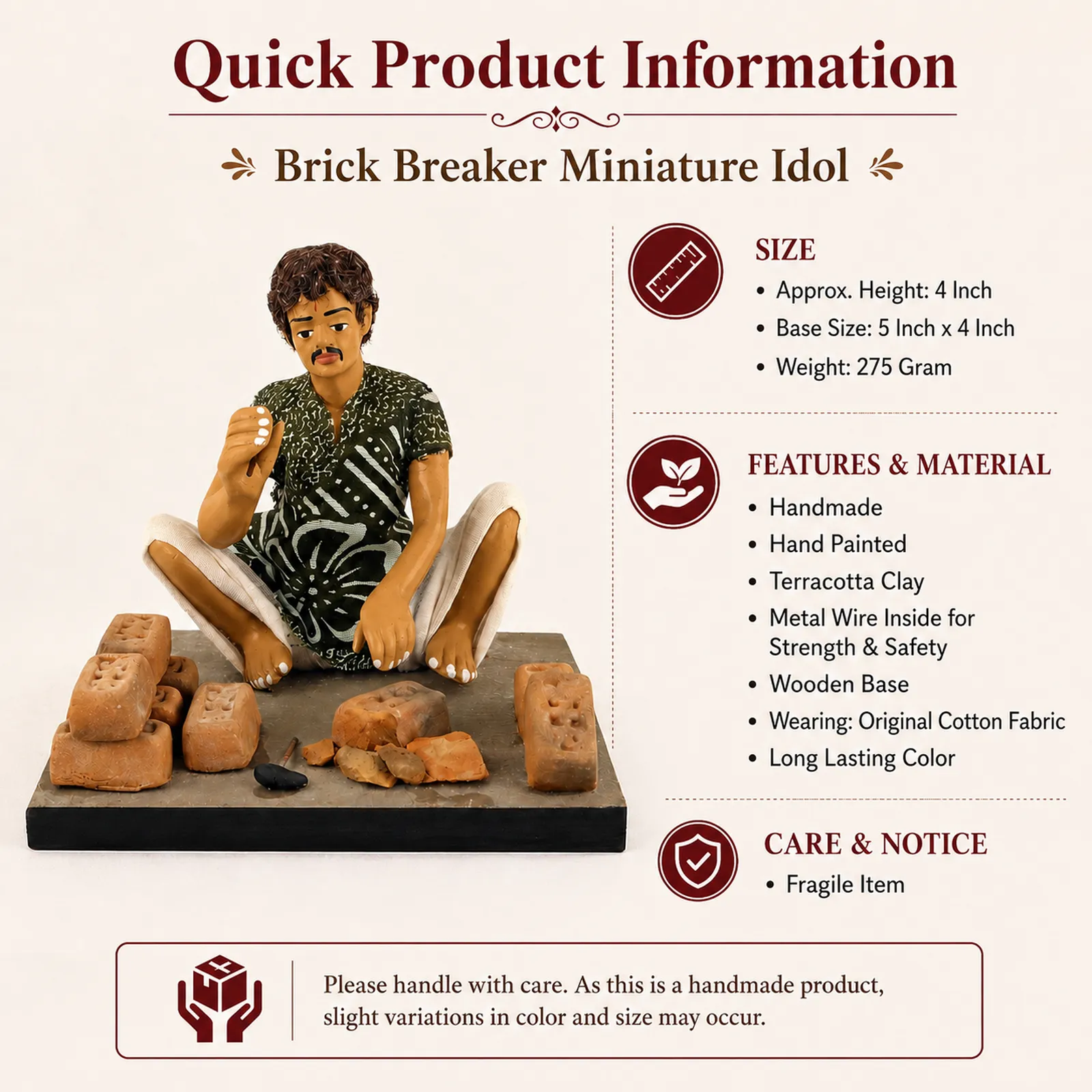 Brick Breaker - Handmade Terracotta Clay Figurine | Basic Sitting Human Figure Idol