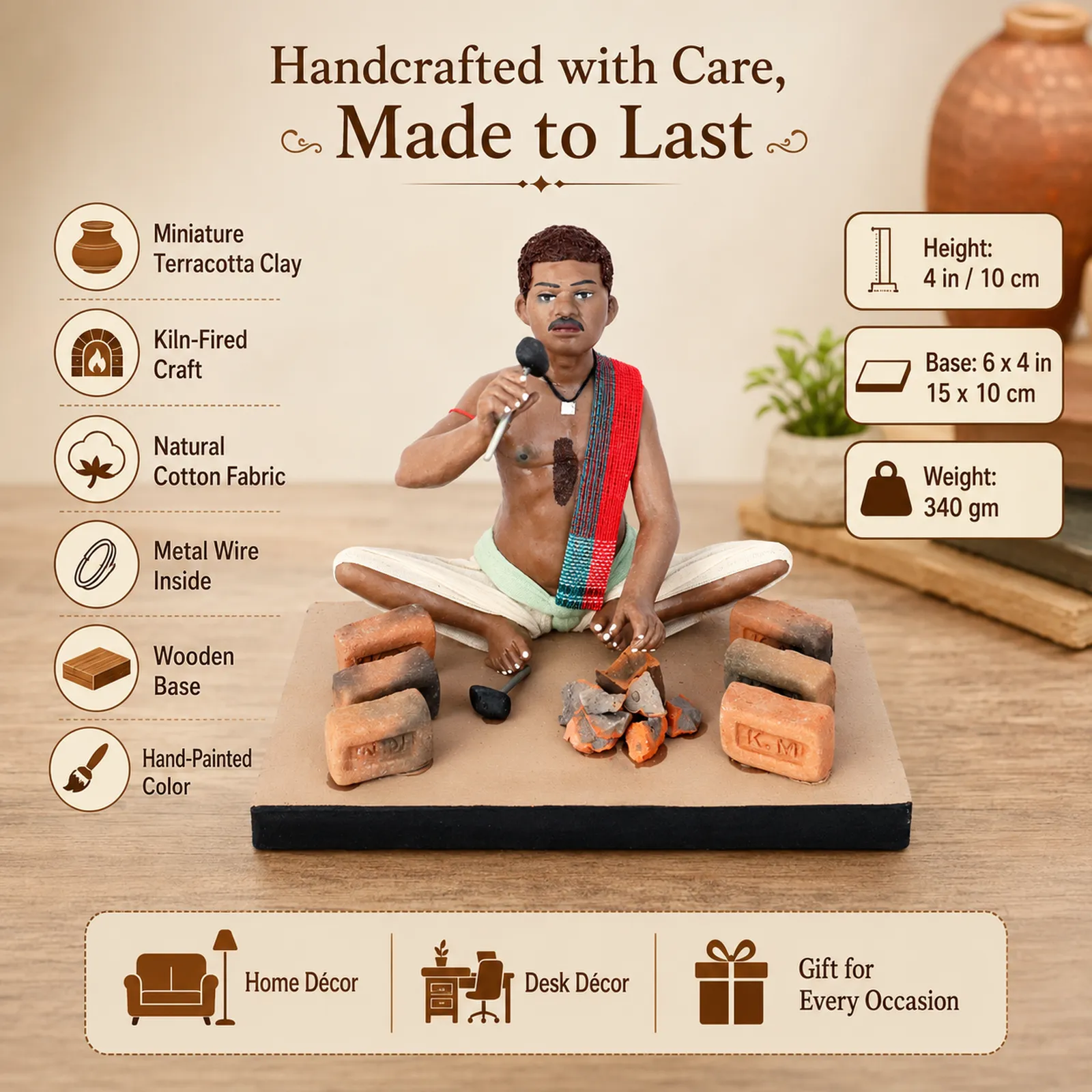 Brick Breaker - Handmade Terracotta Clay Figurine | Standard Sitting Human Figure Idol