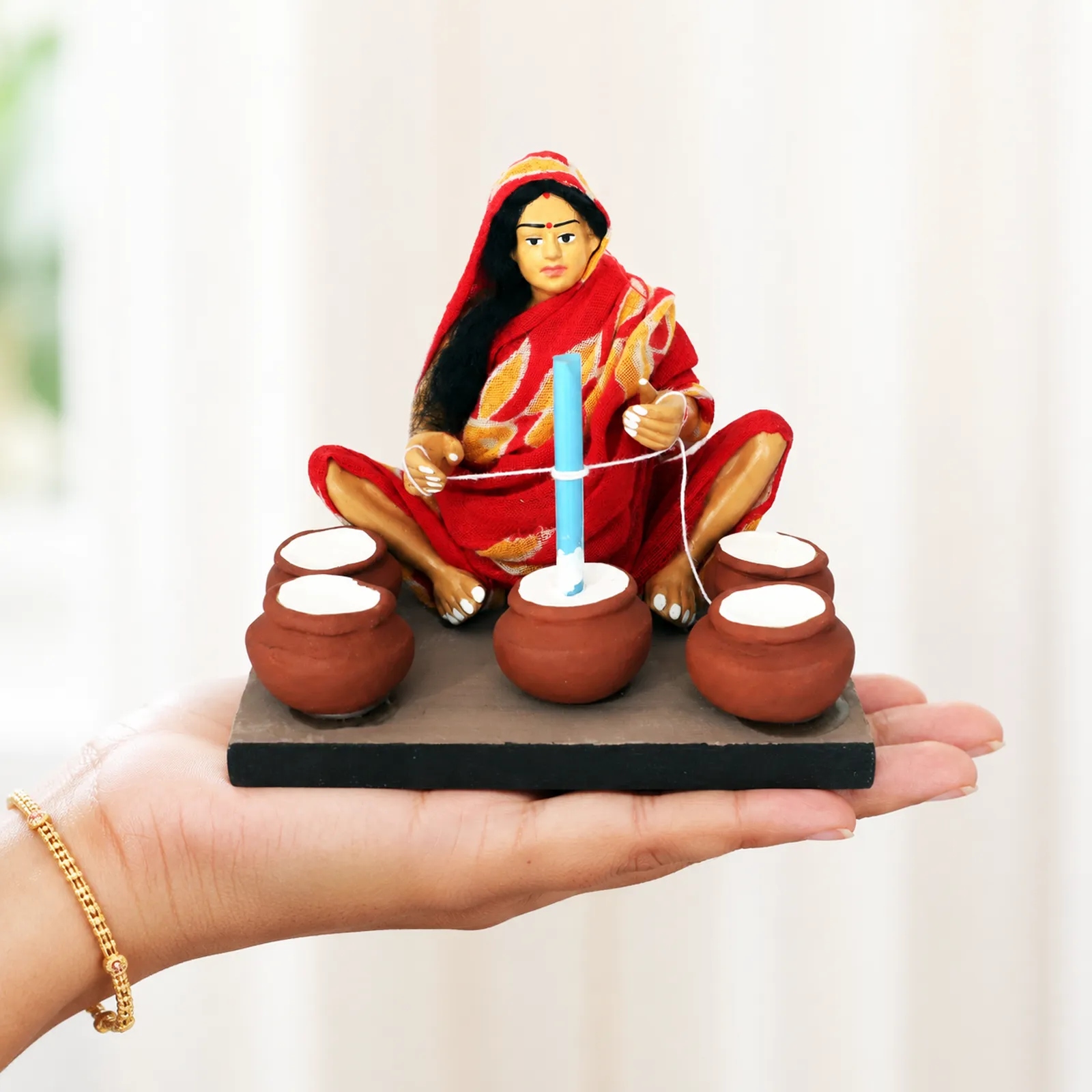 Butter-Churning Woman - Handmade Terracotta Clay Figurine | Basic Sitting Human Figure Idol