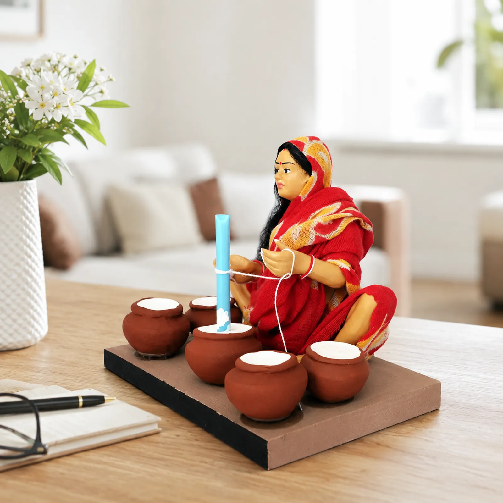 Butter-Churning Woman - Handmade Terracotta Clay Figurine | Basic Sitting Human Figure Idol