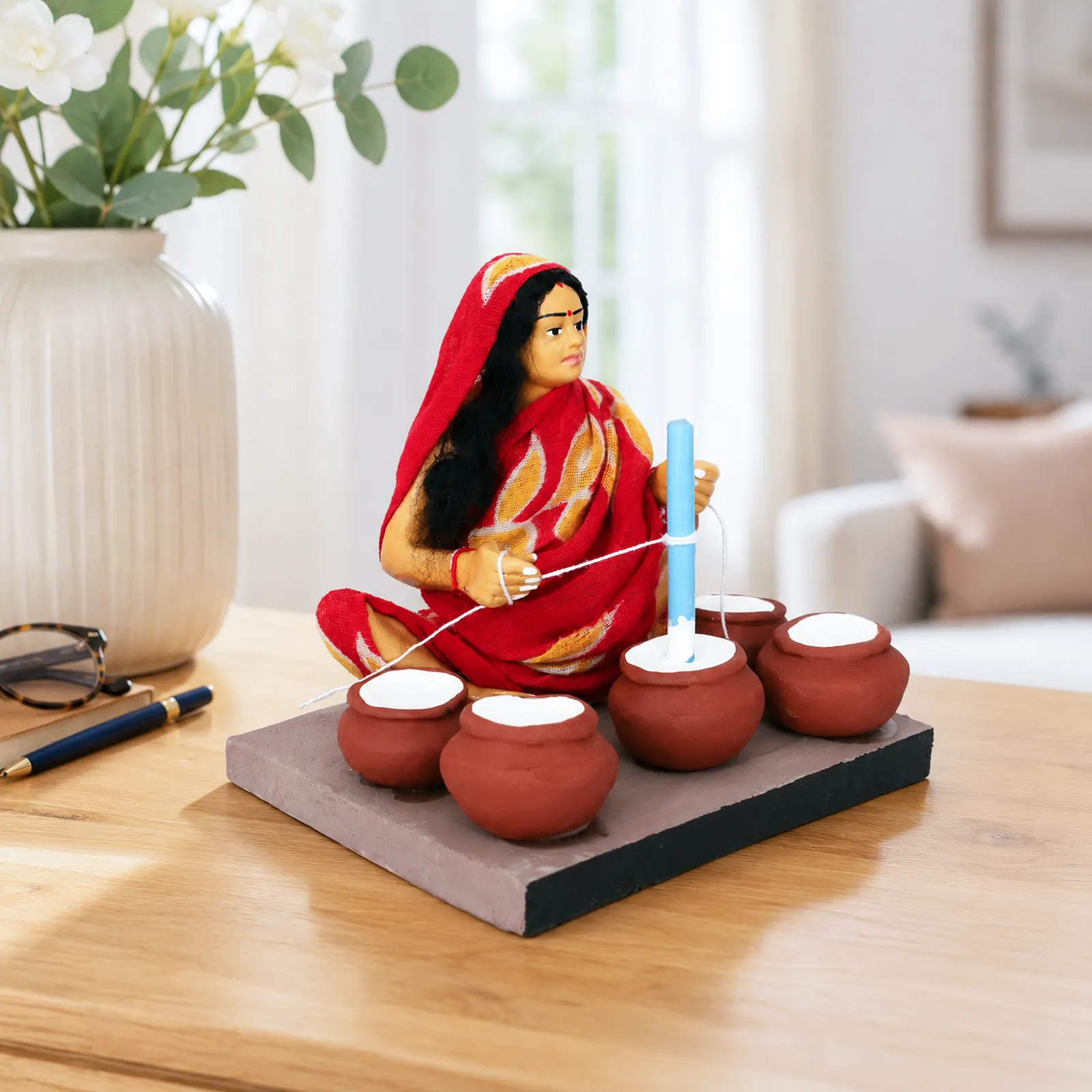 Butter-Churning Woman - Handmade Terracotta Clay Figurine | Basic Sitting Human Figure Idol