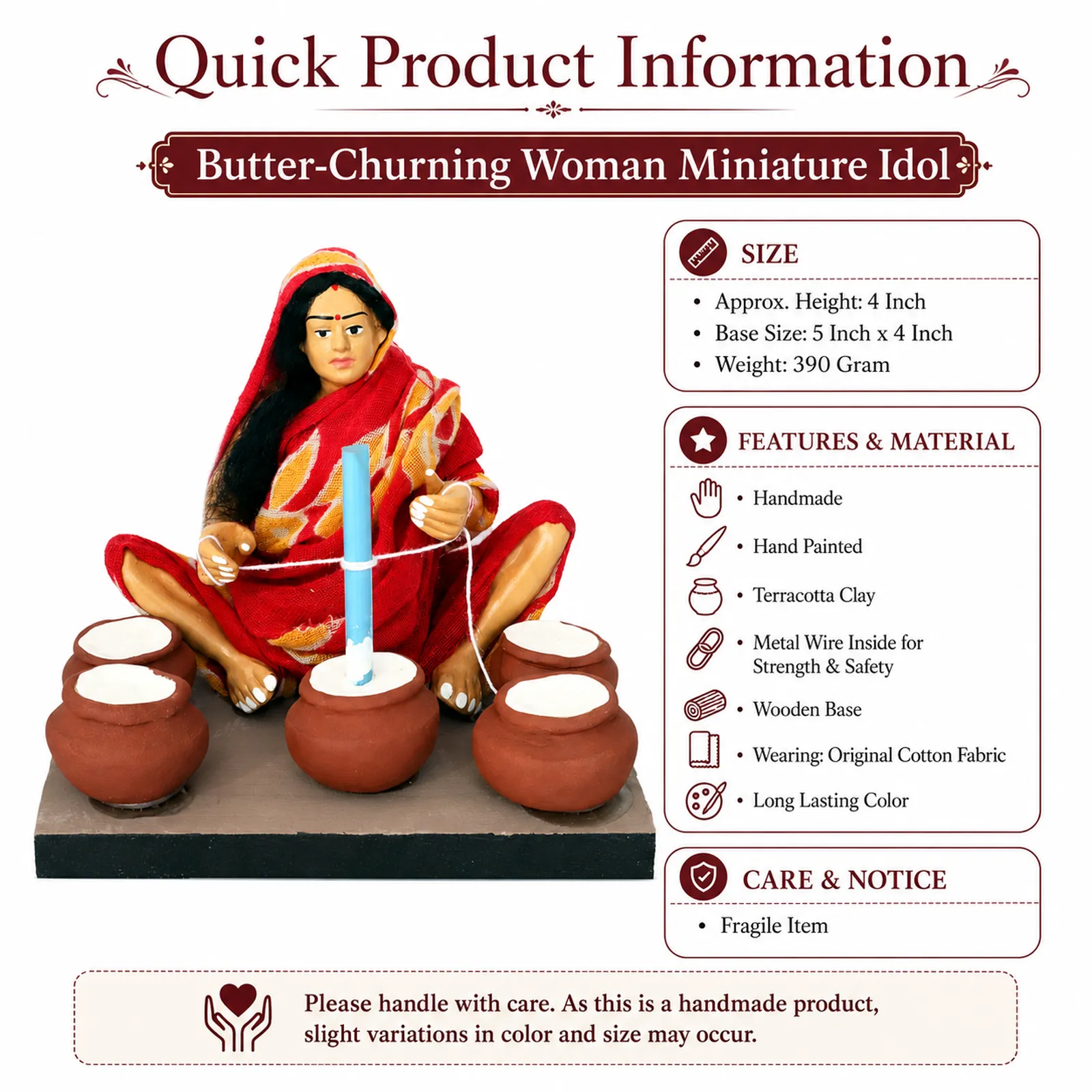 Butter-Churning Woman - Handmade Terracotta Clay Figurine | Basic Sitting Human Figure Idol