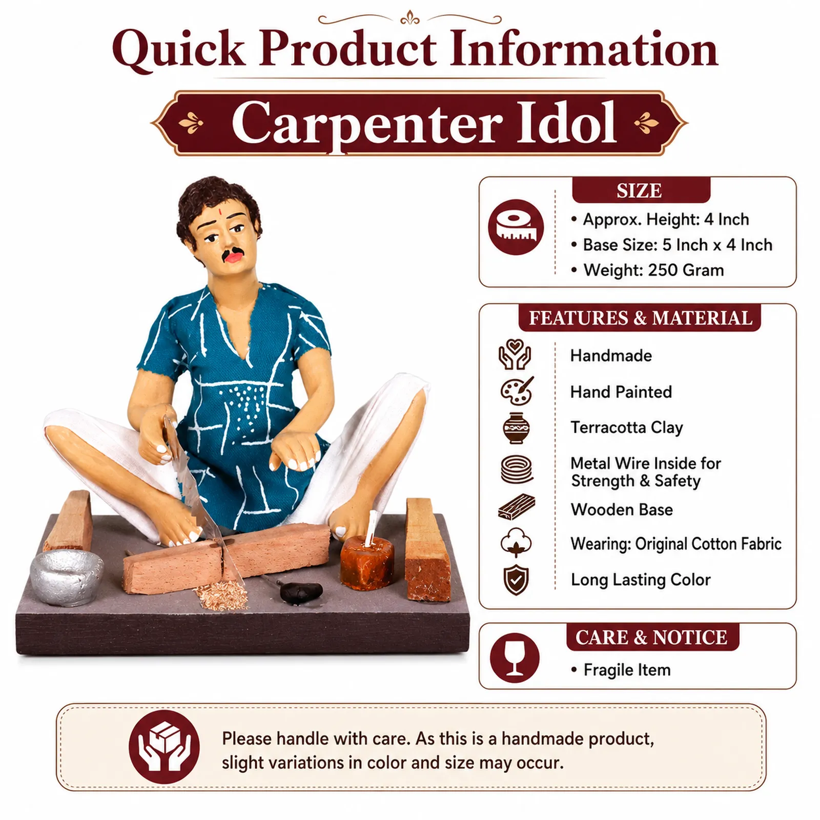 Carpenter - Handmade Terracotta Clay Figurine | Basic Sitting Human Figure Idol