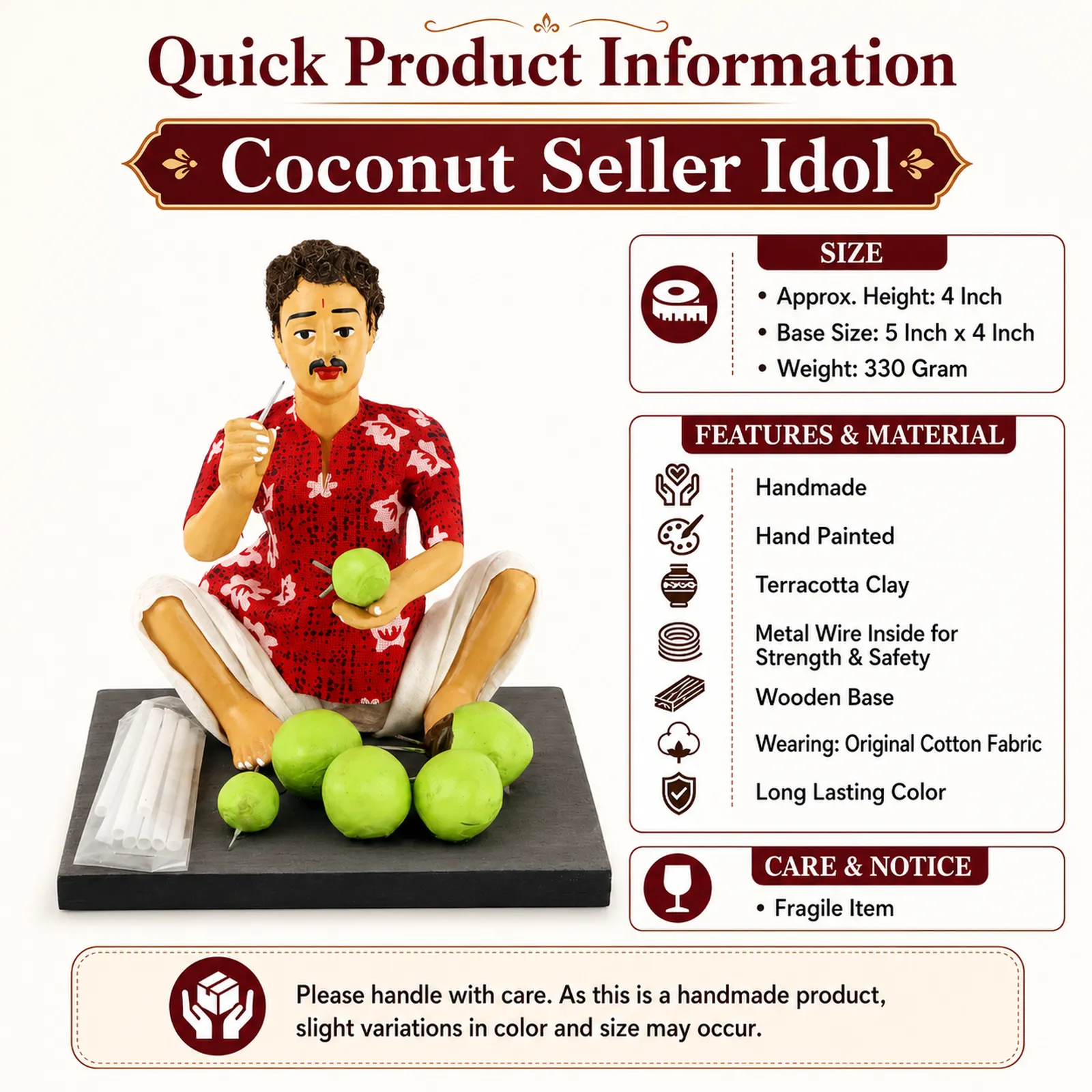 Coconut Seller - Handmade Terracotta Clay Figurine | Basic Sitting Human Figure Idol