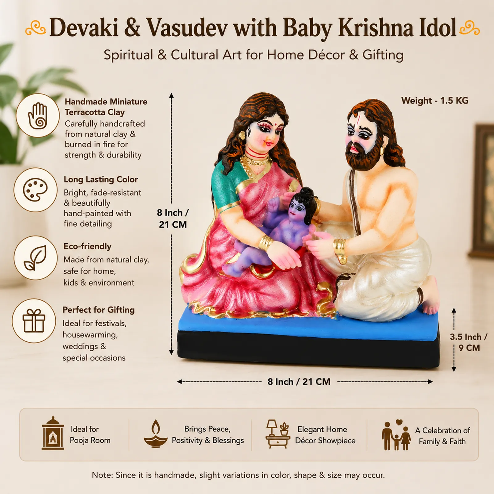 Devaki and Vasudev with Baby Krishna - Clay Terracotta Idol | Spiritual and Cultural Art