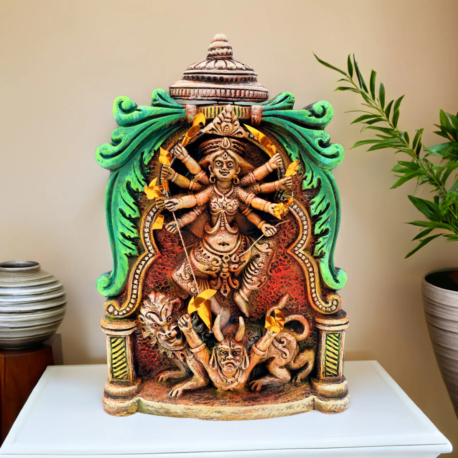 Devi Durga with Lion & Demon | Handmade Terracotta Clay Figurine | Abstract Terracotta Showpieces