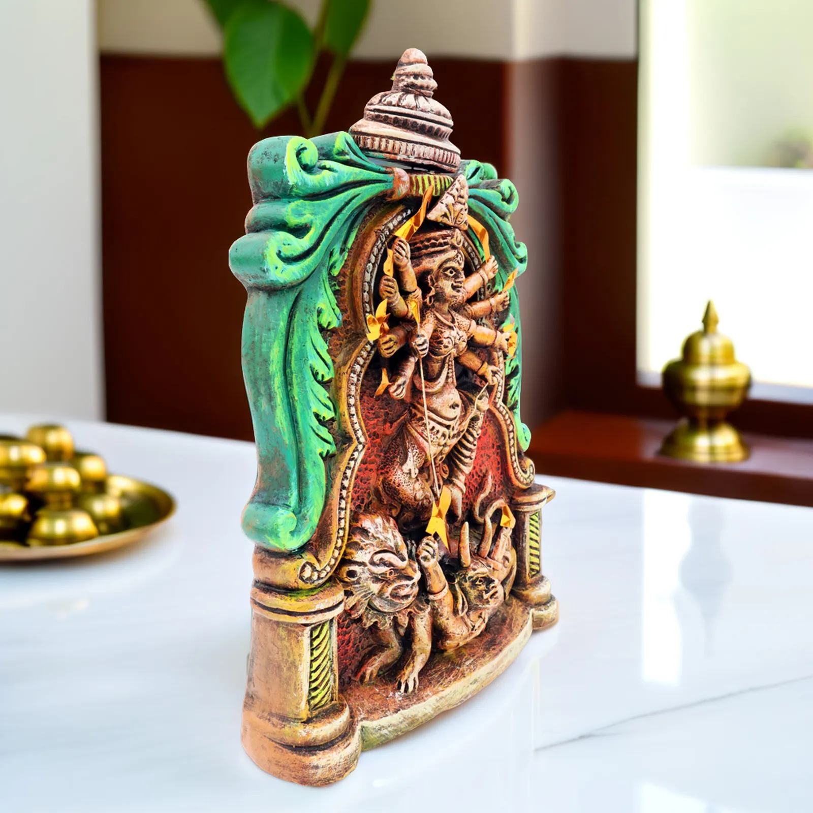 Devi Durga with Lion & Demon | Handmade Terracotta Clay Figurine | Abstract Terracotta Showpieces
