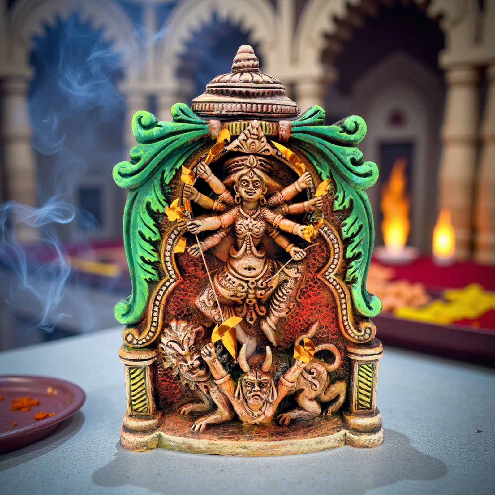 Devi Durga with Lion & Demon | Handmade Terracotta Clay Figurine | Abstract Terracotta Showpieces