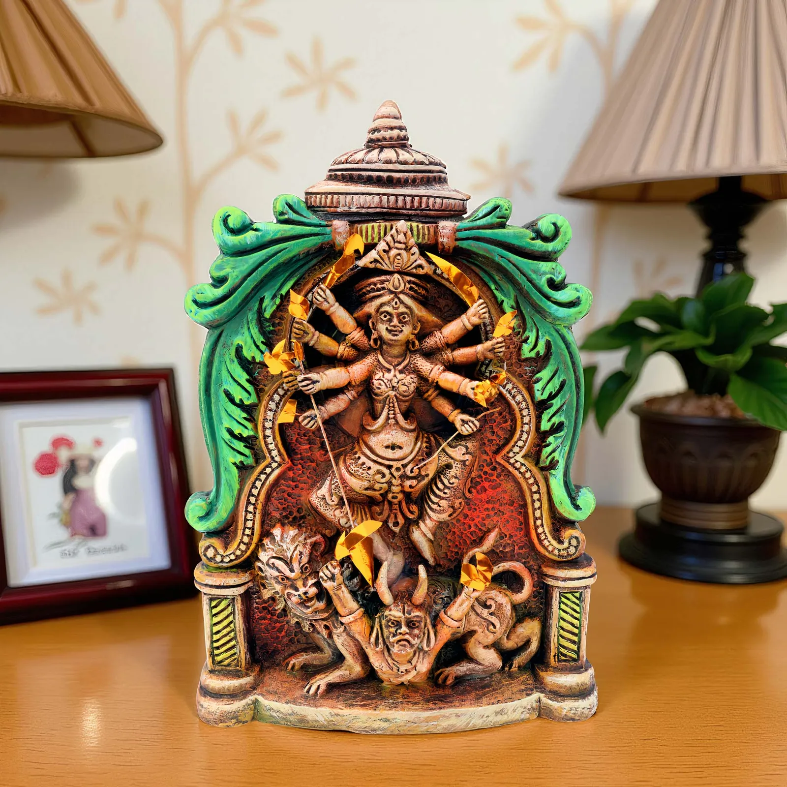 Devi Durga with Lion & Demon | Handmade Terracotta Clay Figurine | Abstract Terracotta Showpieces