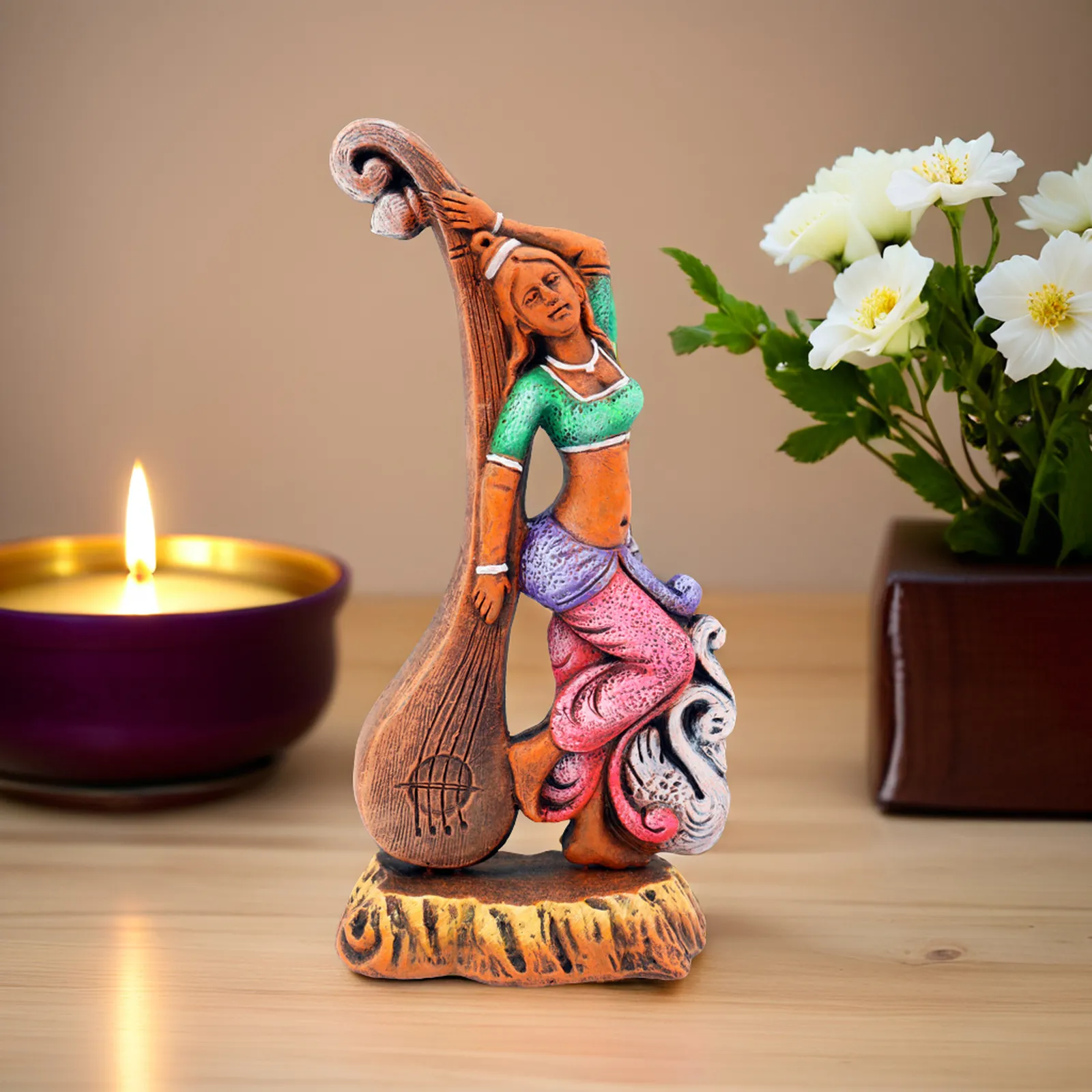 Devi Saraswati - Orange Shade | Handmade Terracotta Clay Figurine | Abstract Terracotta Showpieces