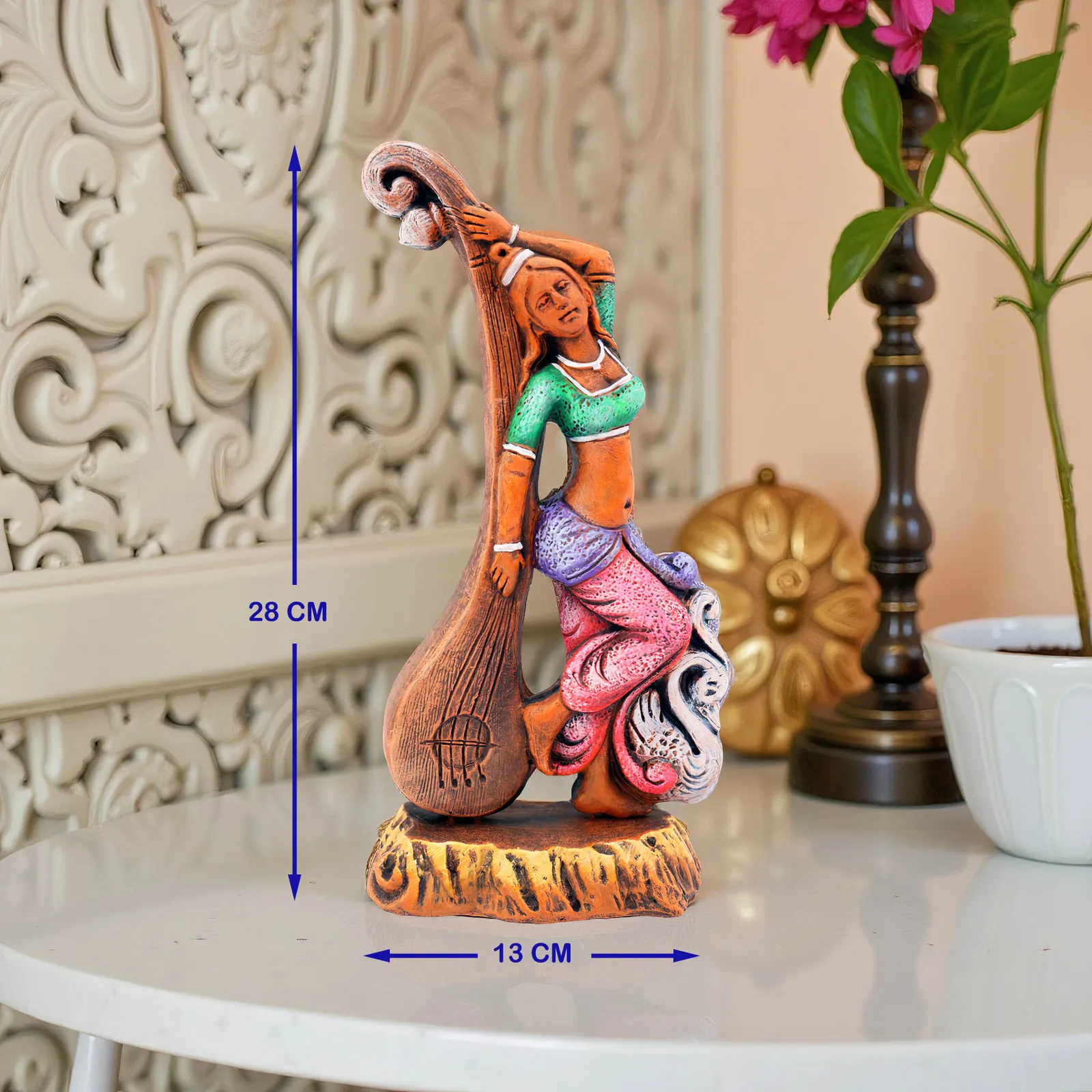 Devi Saraswati - Orange Shade | Handmade Terracotta Clay Figurine | Abstract Terracotta Showpieces