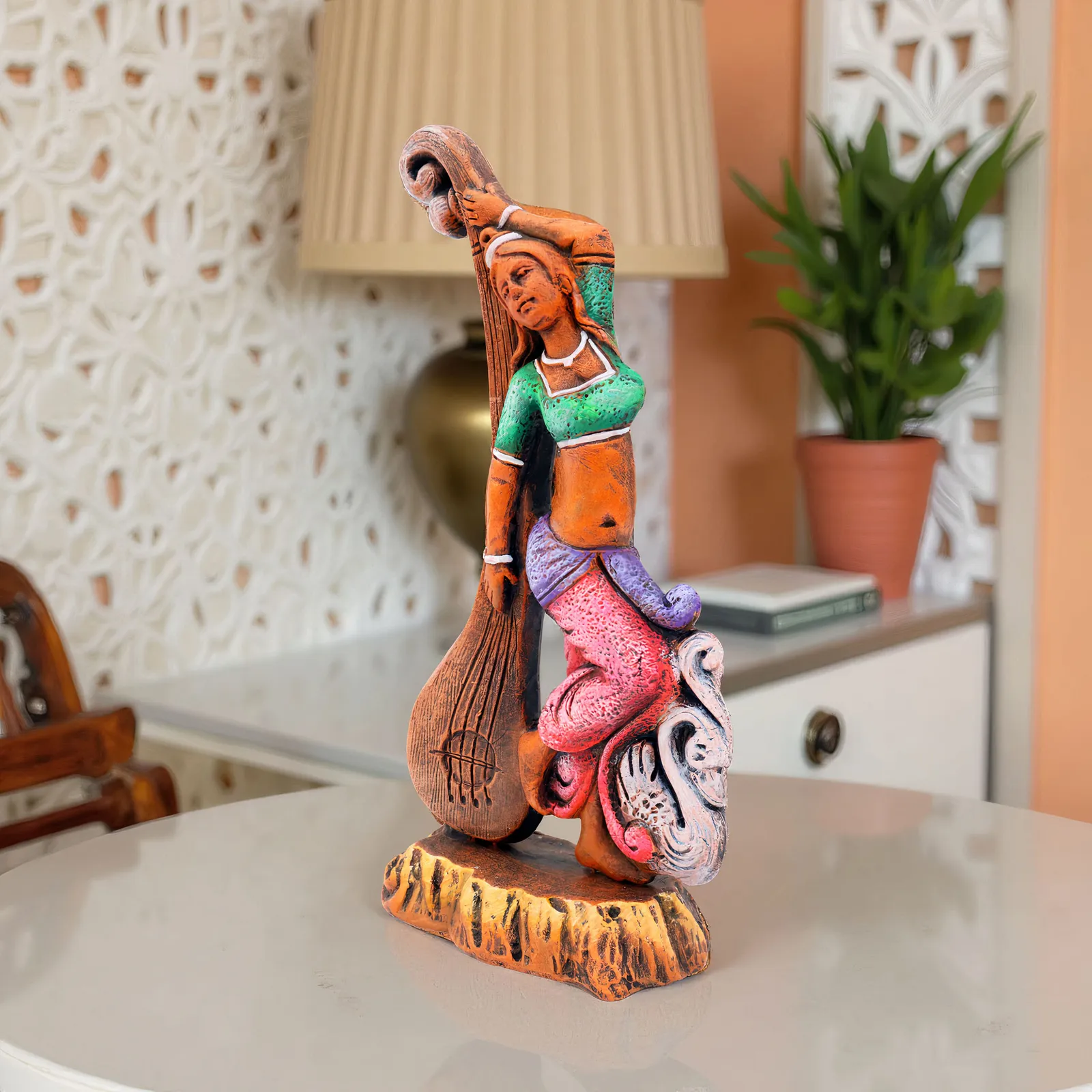 Devi Saraswati - Orange Shade | Handmade Terracotta Clay Figurine | Abstract Terracotta Showpieces