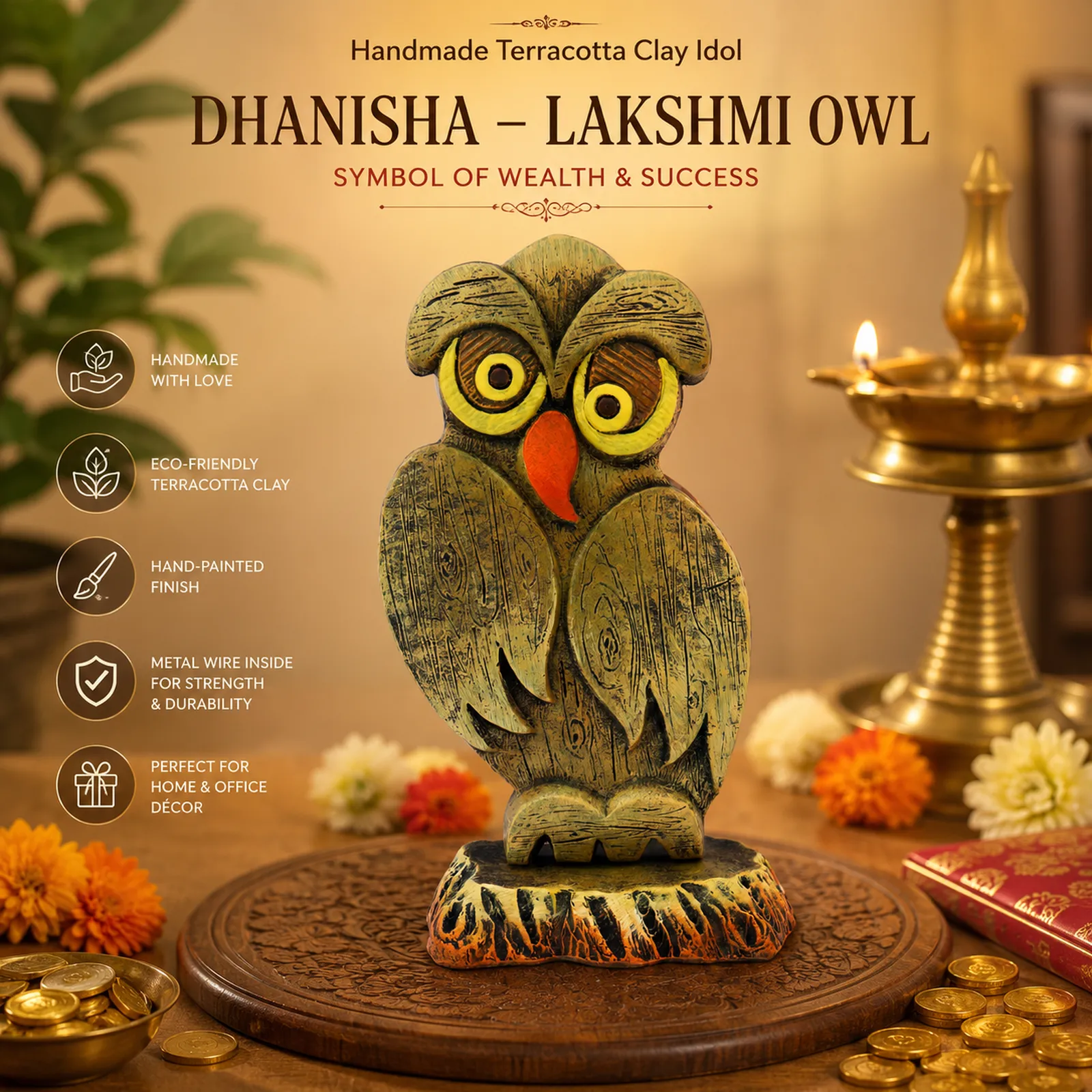Dhanisha -Lakshmi Owl - Symbol of Wealth & Success | Handmade Terracotta Clay Figurine | Abstract Terracotta Showpieces