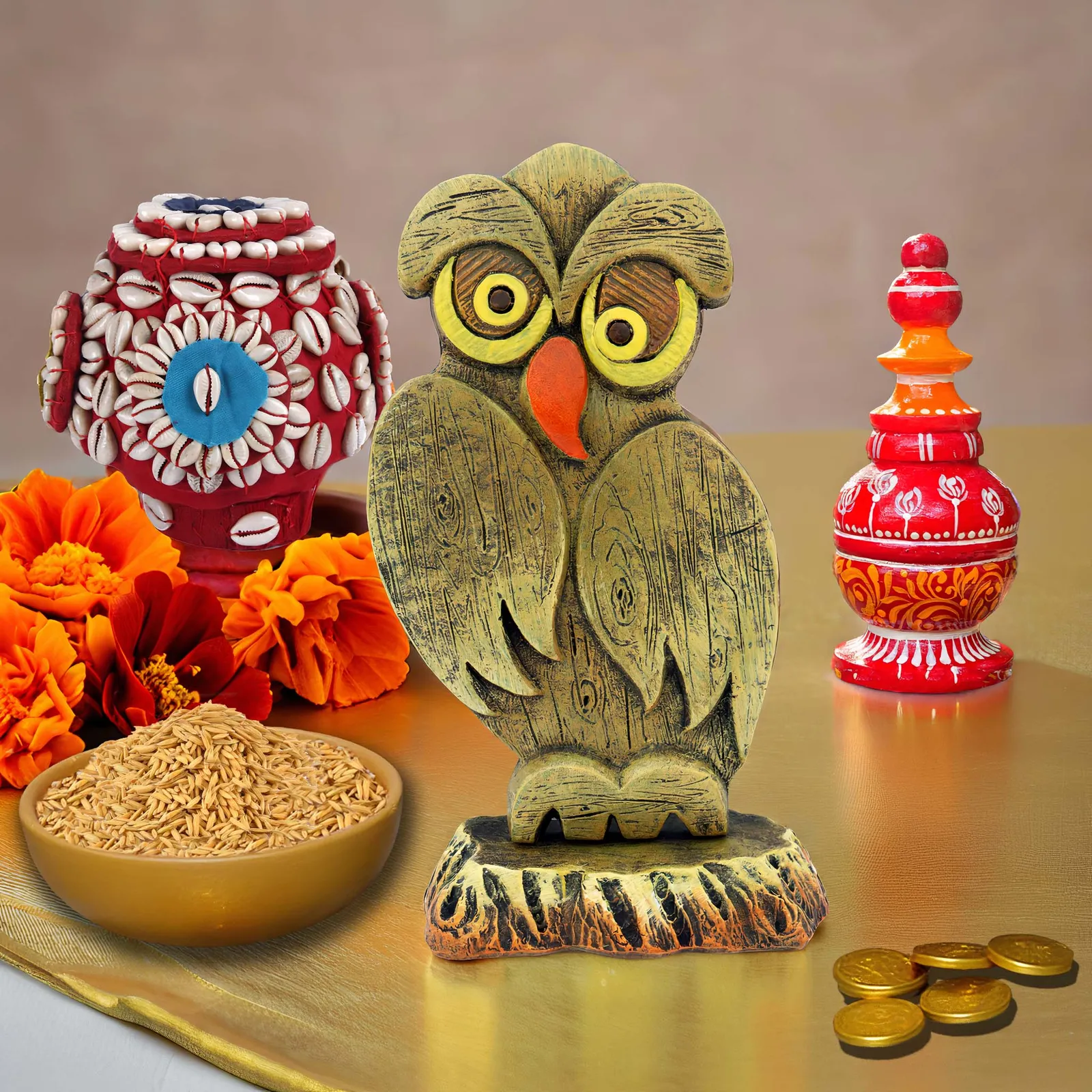 Dhanisha -Lakshmi Owl - Symbol of Wealth & Success | Handmade Terracotta Clay Figurine | Abstract Terracotta Showpieces