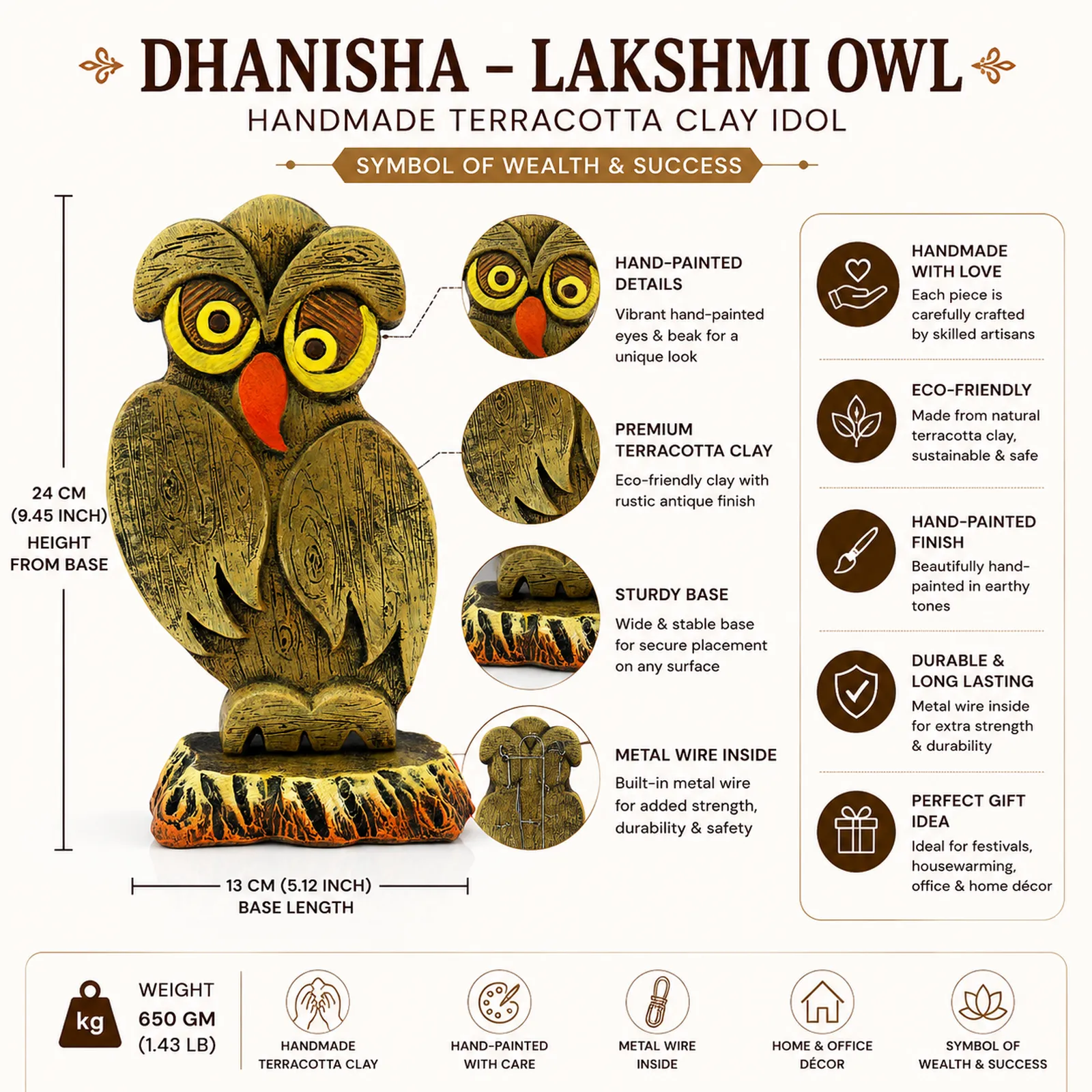 Dhanisha -Lakshmi Owl - Symbol of Wealth & Success | Handmade Terracotta Clay Figurine | Abstract Terracotta Showpieces