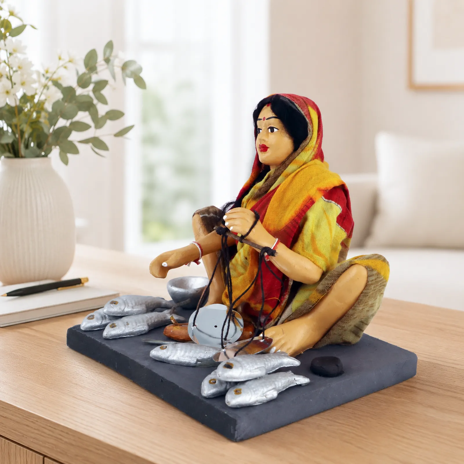 Fish Seller - Handmade Terracotta Clay Figurine | Basic Sitting Human Figure Idol