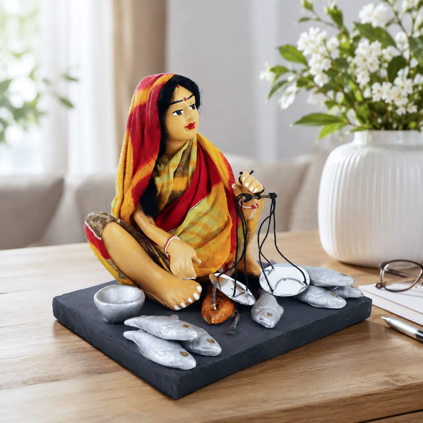 Fish Seller - Handmade Terracotta Clay Figurine | Basic Sitting Human Figure Idol