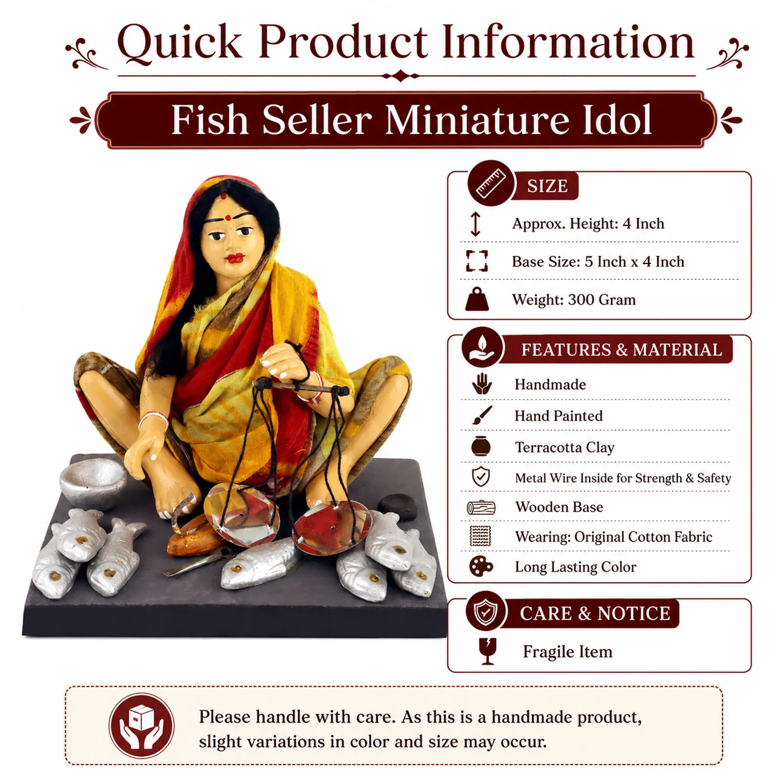Fish Seller - Handmade Terracotta Clay Figurine | Basic Sitting Human Figure Idol