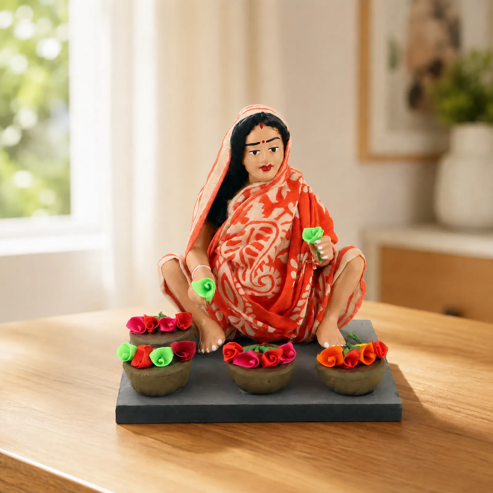 Flower Seller - Handmade Terracotta Clay Figurine | Basic Sitting Human Figure Idol