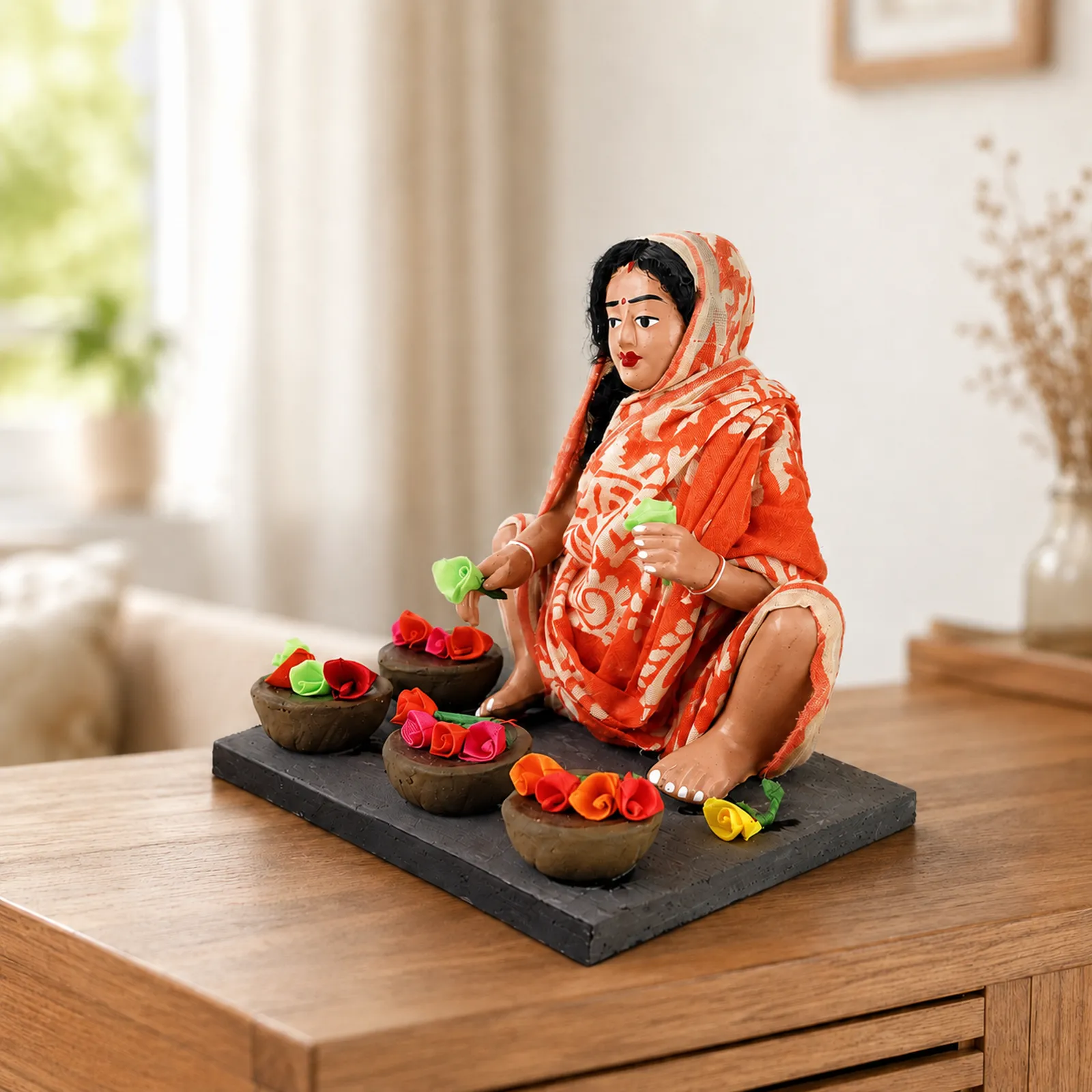 Flower Seller - Handmade Terracotta Clay Figurine | Basic Sitting Human Figure Idol