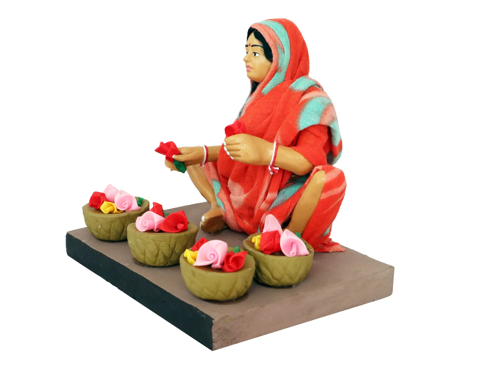 Flower Seller - Handmade Terracotta Clay Figurine | Basic Sitting Human Figure Idol
