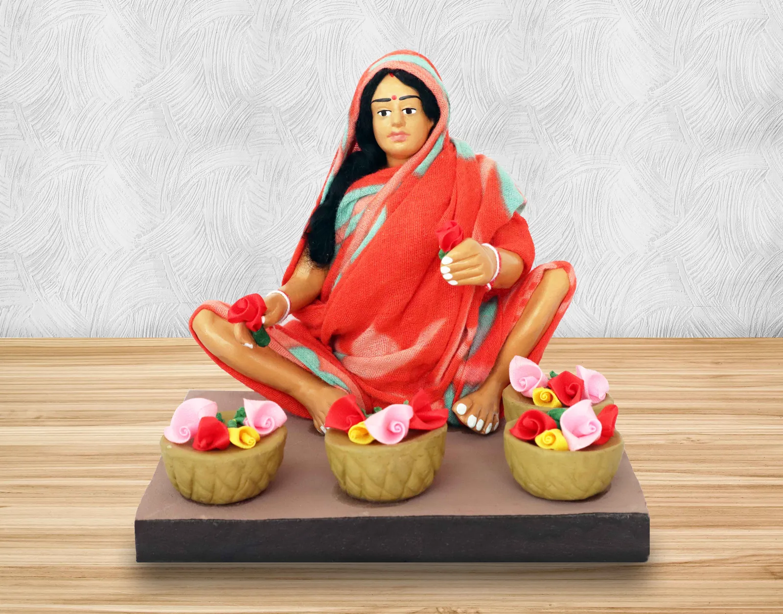 Flower Seller - Handmade Terracotta Clay Figurine | Basic Sitting Human Figure Idol