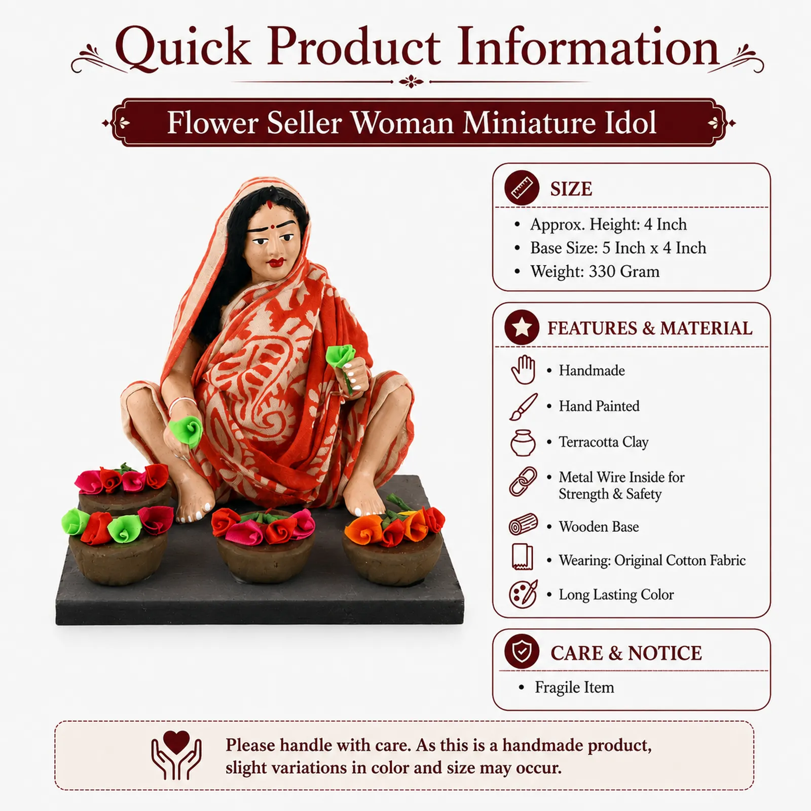 Flower Seller - Handmade Terracotta Clay Figurine | Basic Sitting Human Figure Idol
