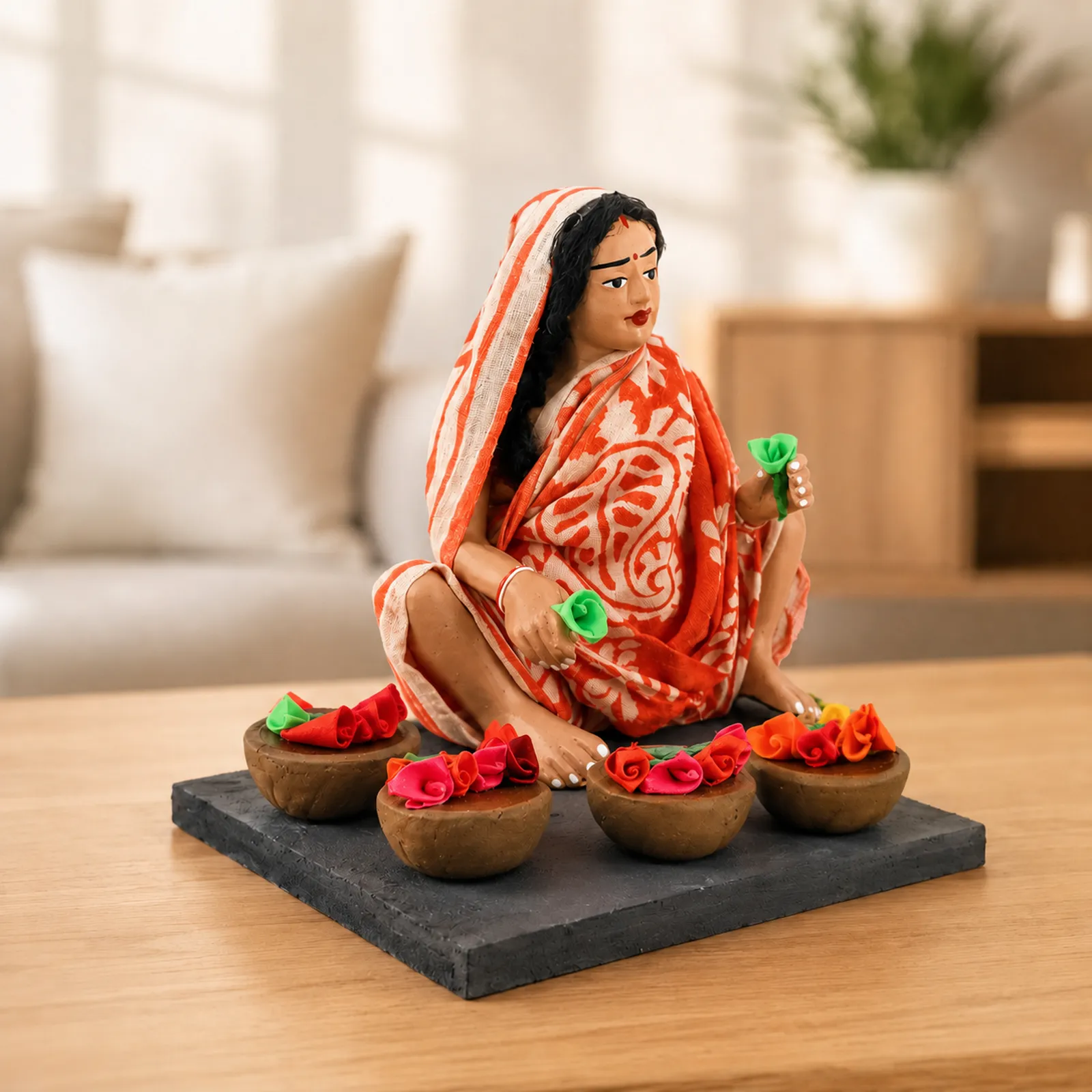 Flower Seller - Handmade Terracotta Clay Figurine | Basic Sitting Human Figure Idol