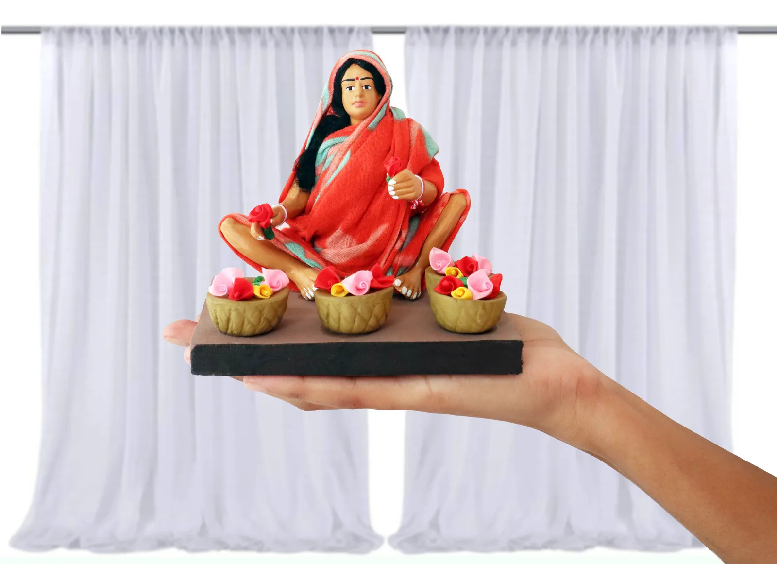 Flower Seller - Handmade Terracotta Clay Figurine | Basic Sitting Human Figure Idol