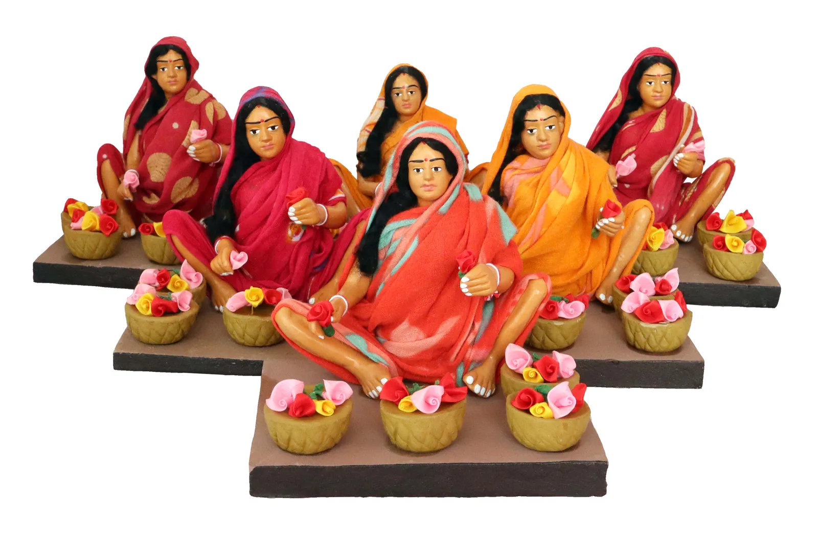 Flower Seller - Handmade Terracotta Clay Figurine | Basic Sitting Human Figure Idol