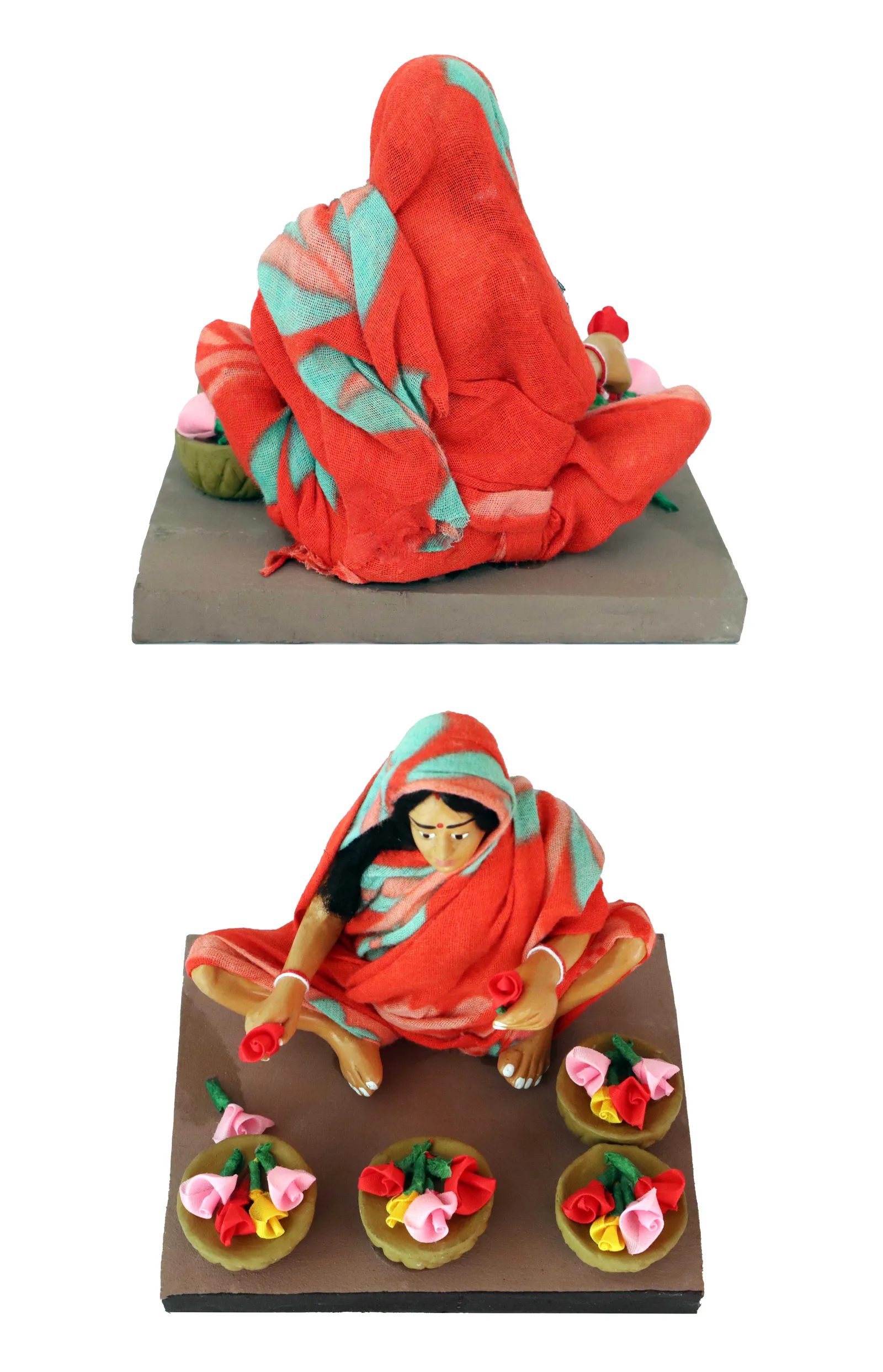 Flower Seller - Handmade Terracotta Clay Figurine | Basic Sitting Human Figure Idol