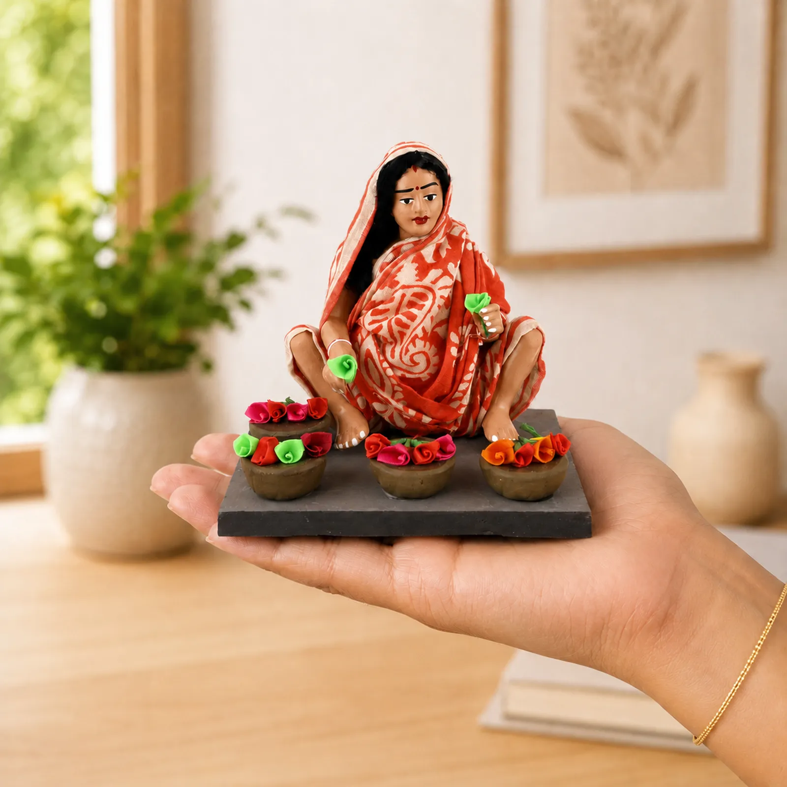 Flower Seller - Handmade Terracotta Clay Figurine | Basic Sitting Human Figure Idol