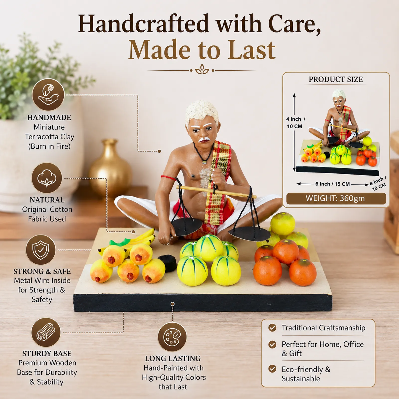 Fruit Seller - Handmade Terracotta Clay Figurine | Standard Sitting Human Figure Idol