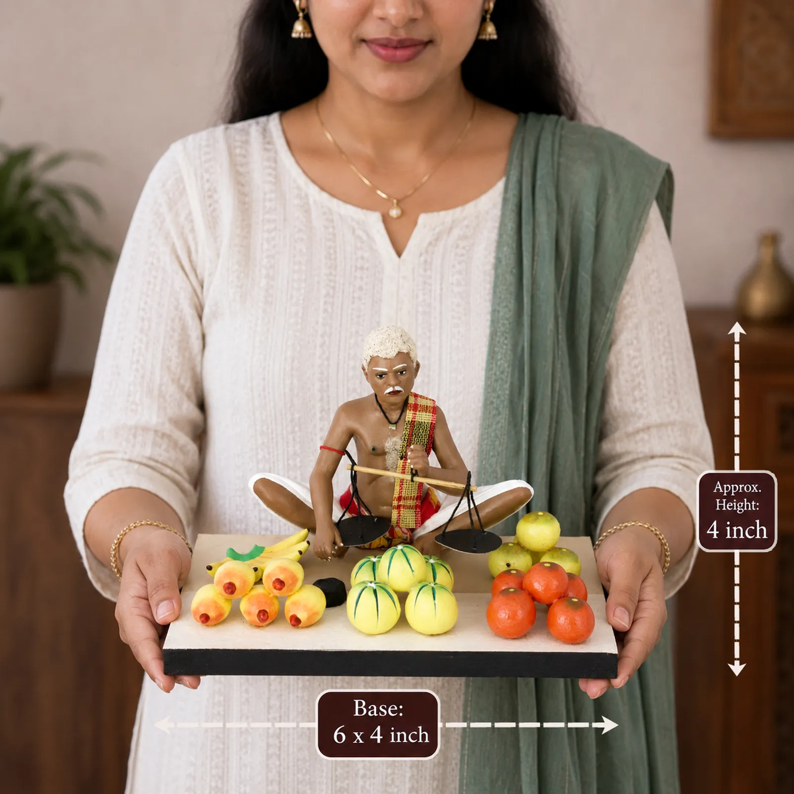 Fruit Seller - Handmade Terracotta Clay Figurine | Standard Sitting Human Figure Idol