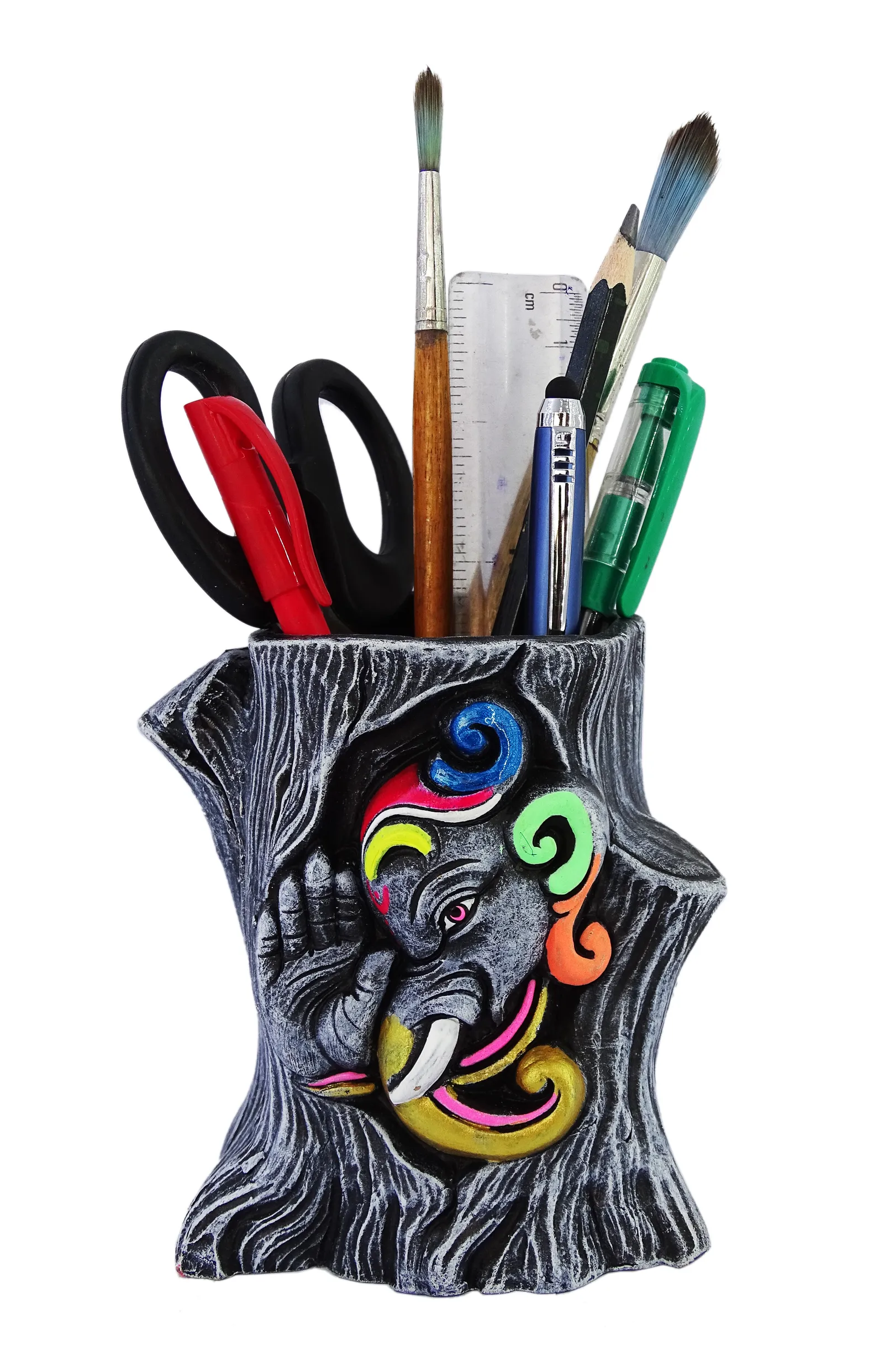 Ganesha - Terracotta Pen Stand | Handmade Clay Desk Décor | Tree Trunk Grey