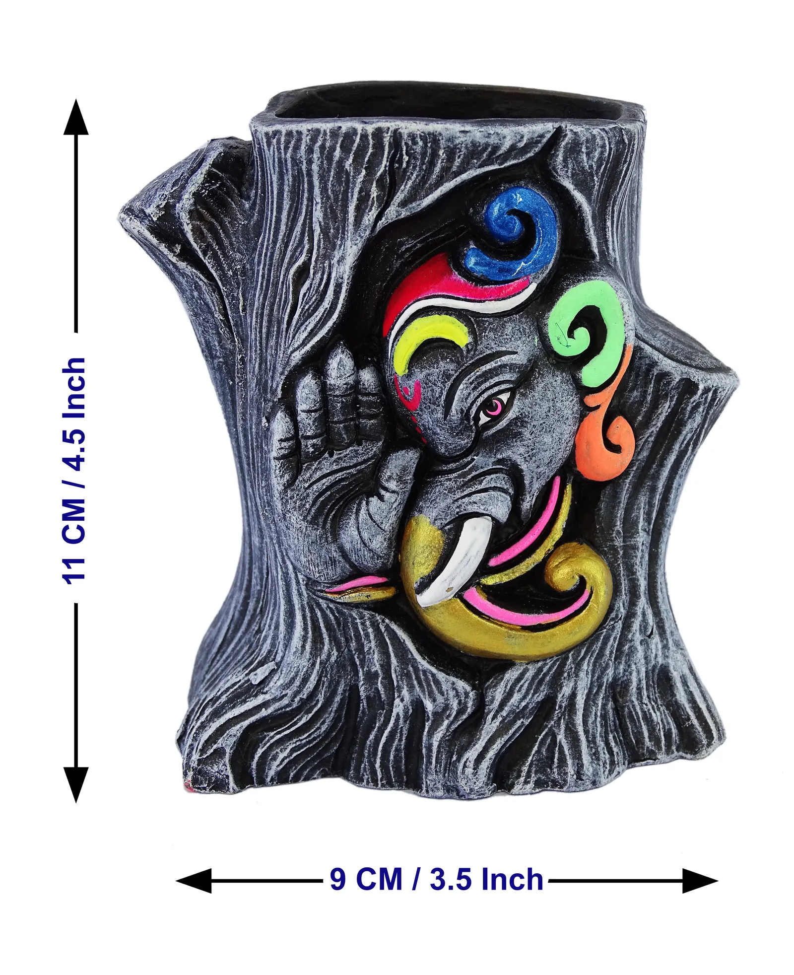Ganesha - Terracotta Pen Stand | Handmade Clay Desk Décor | Tree Trunk Grey