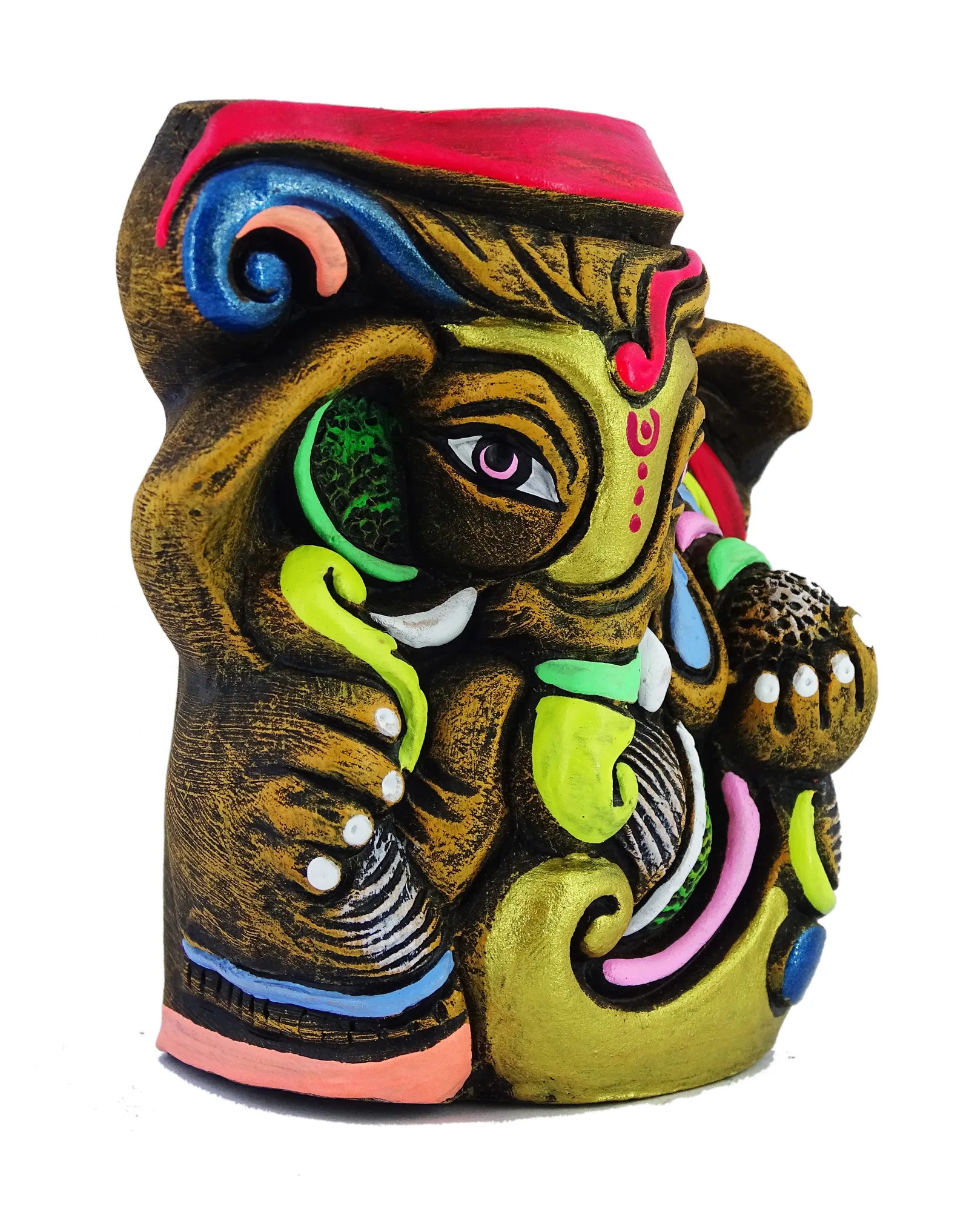 Ganesha - Terracotta Pen Stand | Handmade Clay Desk Décor | Tree Trunk Multicolored
