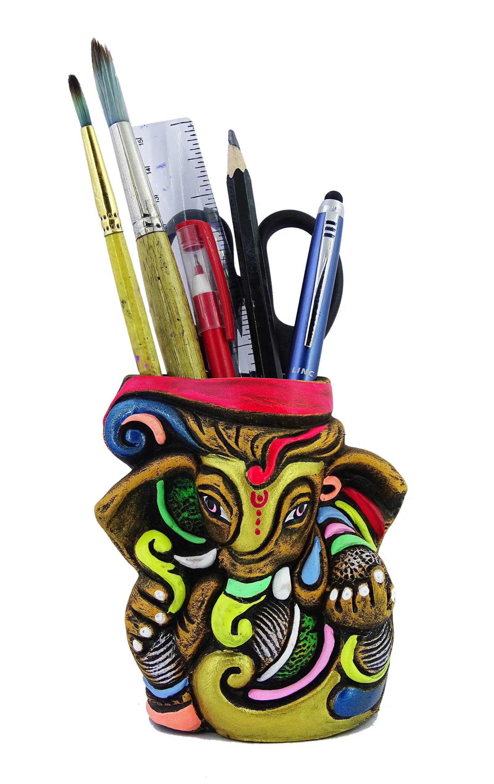 Ganesha - Terracotta Pen Stand | Handmade Clay Desk Décor | Tree Trunk Multicolored