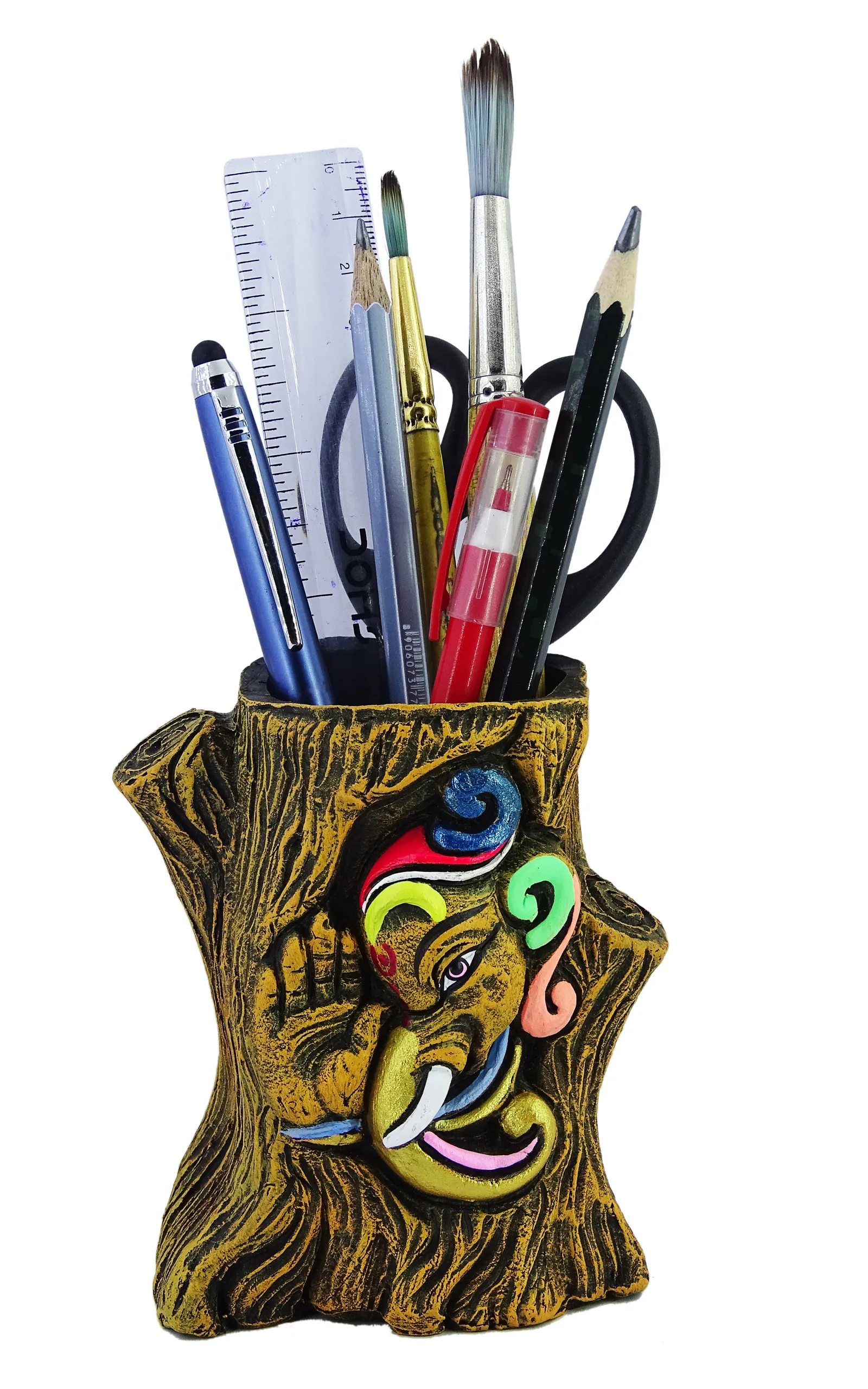 Ganesha - Terracotta Pen Stand | Handmade Clay Desk Décor | Tree Trunk Wooden Brown