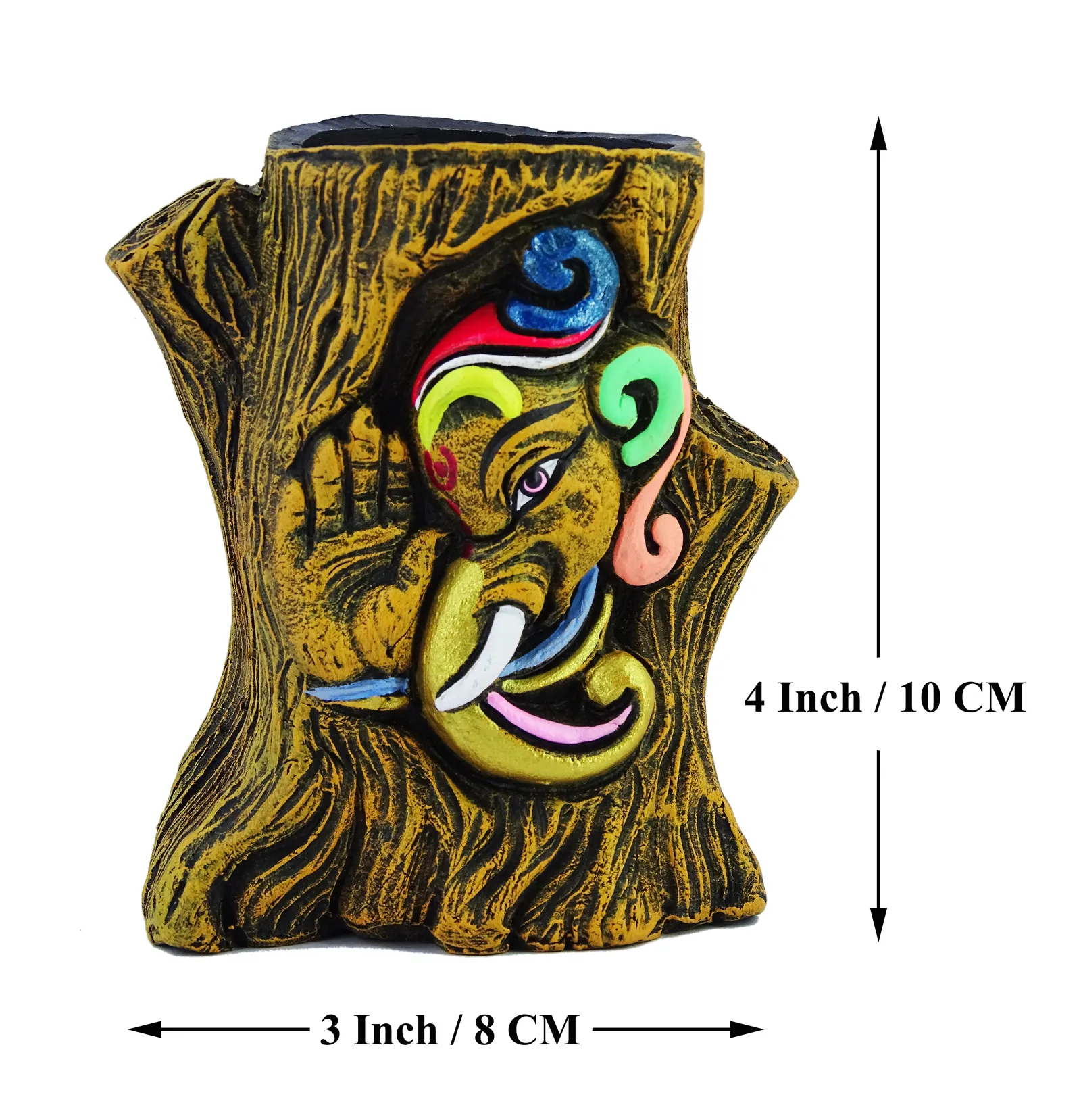 Ganesha - Terracotta Pen Stand | Handmade Clay Desk Décor | Tree Trunk Wooden Brown