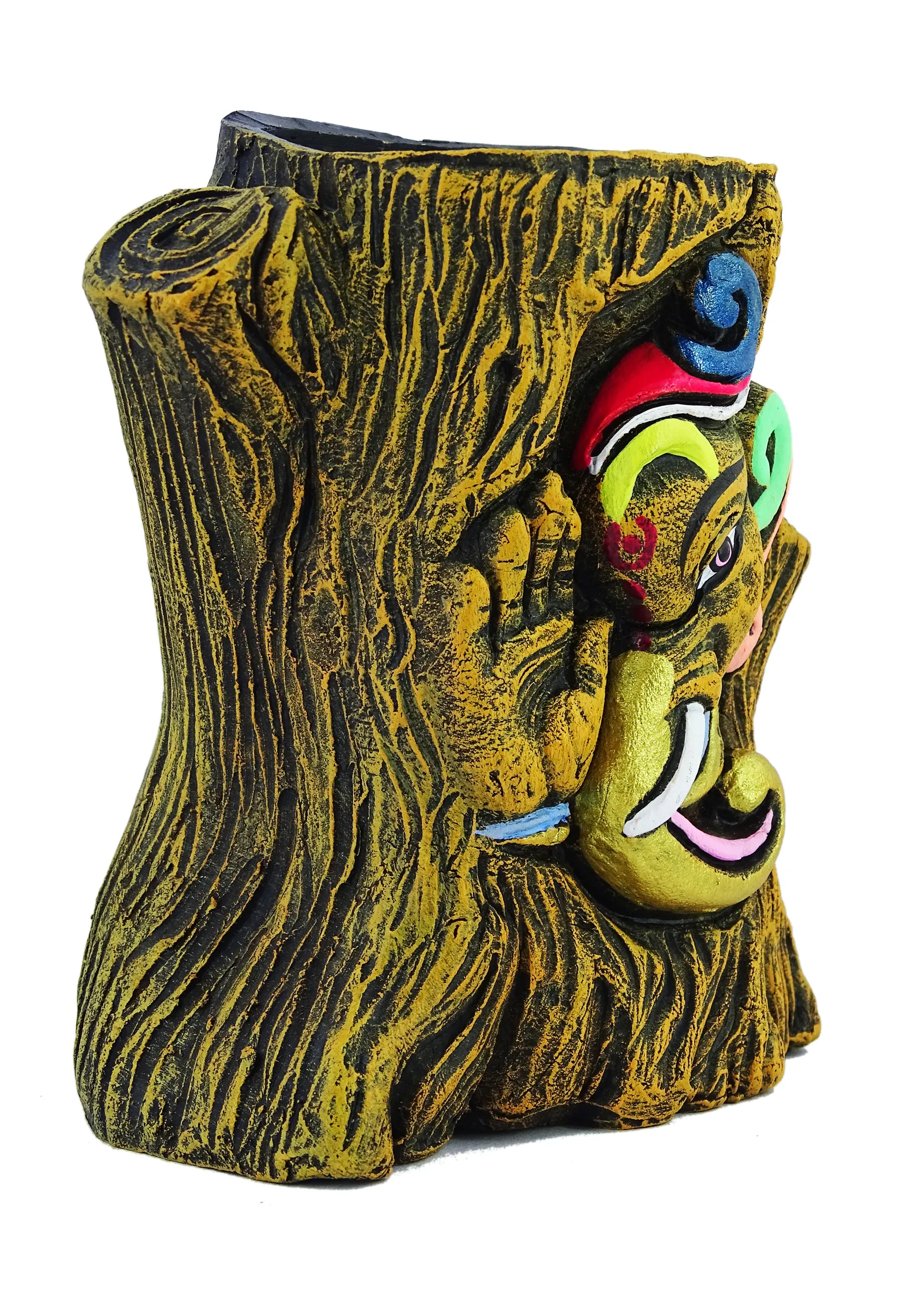 Ganesha - Terracotta Pen Stand | Handmade Clay Desk Décor | Tree Trunk Wooden Brown