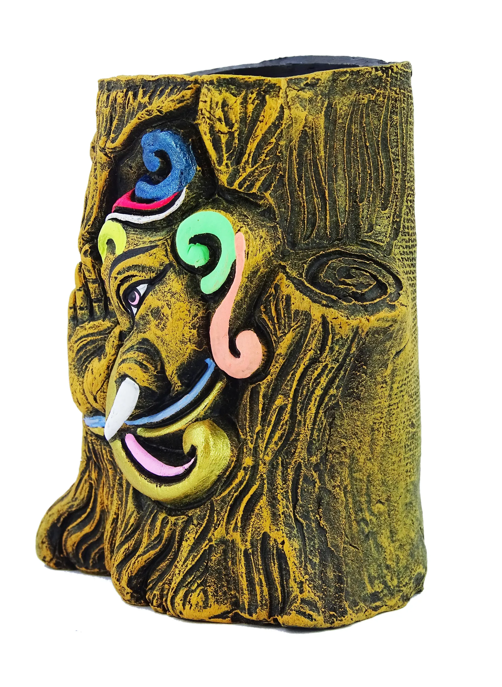 Ganesha - Terracotta Pen Stand | Handmade Clay Desk Décor | Tree Trunk Wooden Brown