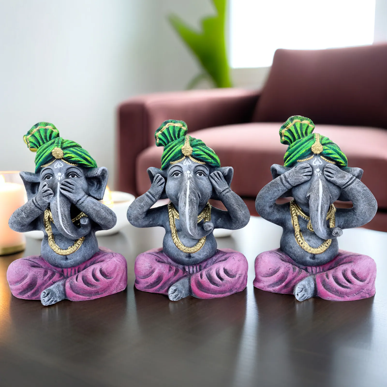 Ganesha Trio - Green-Purple | Handmade Terracotta Clay Figurine | Abstract Terracotta Showpieces