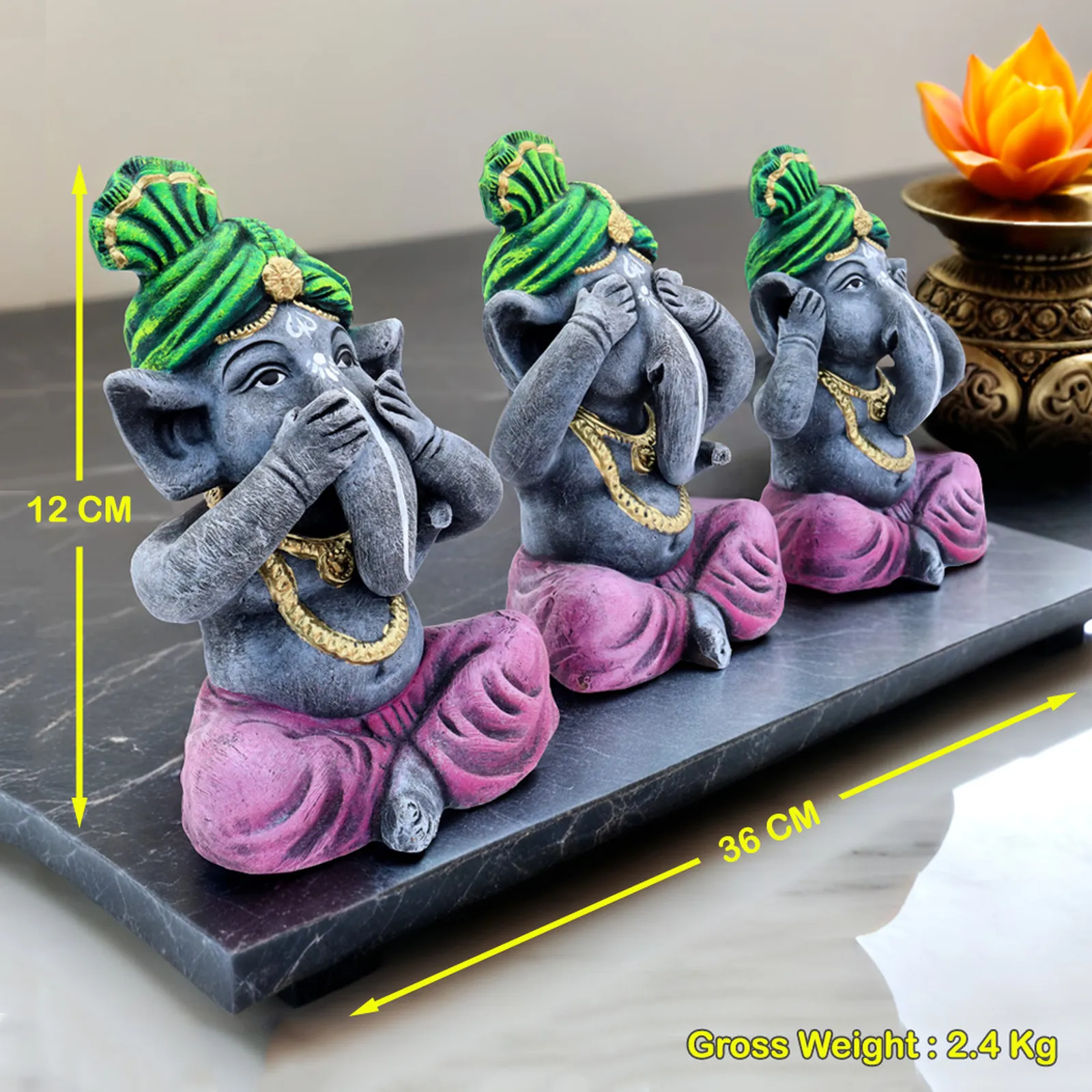 Ganesha Trio - Green-Purple | Handmade Terracotta Clay Figurine | Abstract Terracotta Showpieces