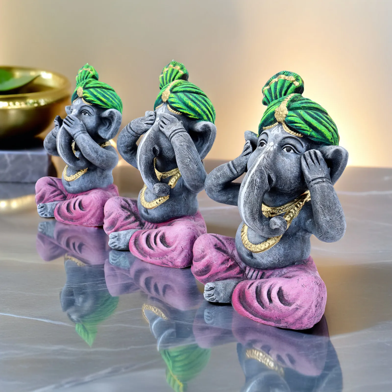 Ganesha Trio - Green-Purple | Handmade Terracotta Clay Figurine | Abstract Terracotta Showpieces