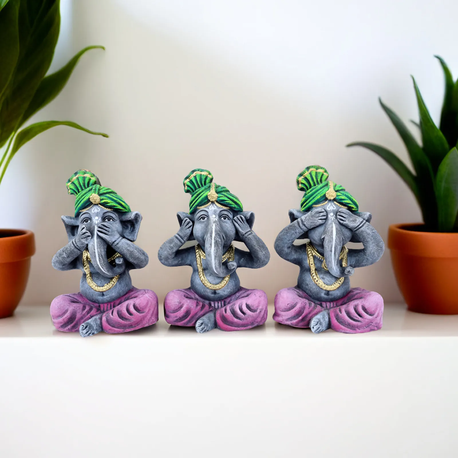Ganesha Trio - Green-Purple | Handmade Terracotta Clay Figurine | Abstract Terracotta Showpieces