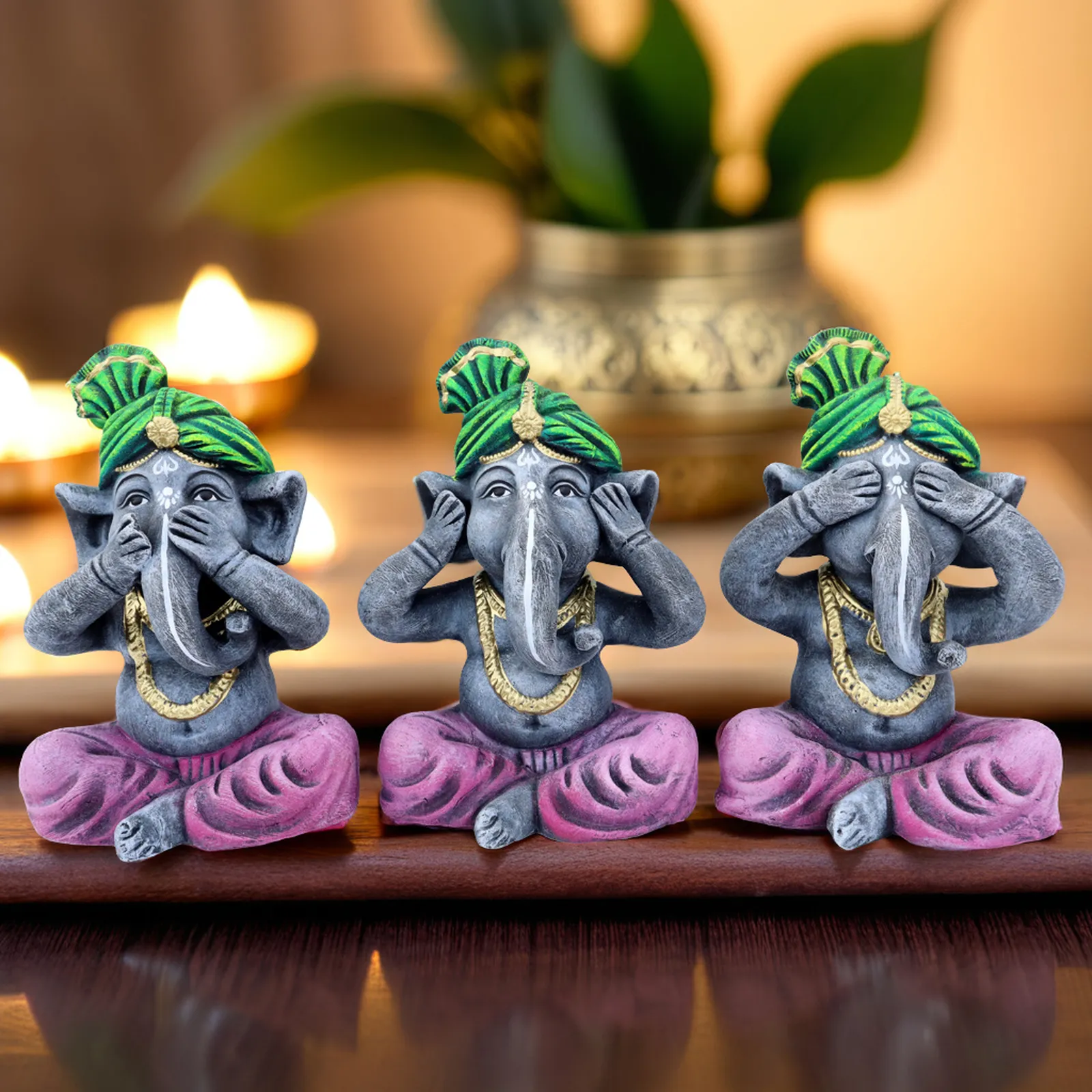 Ganesha Trio - Green-Purple | Handmade Terracotta Clay Figurine | Abstract Terracotta Showpieces