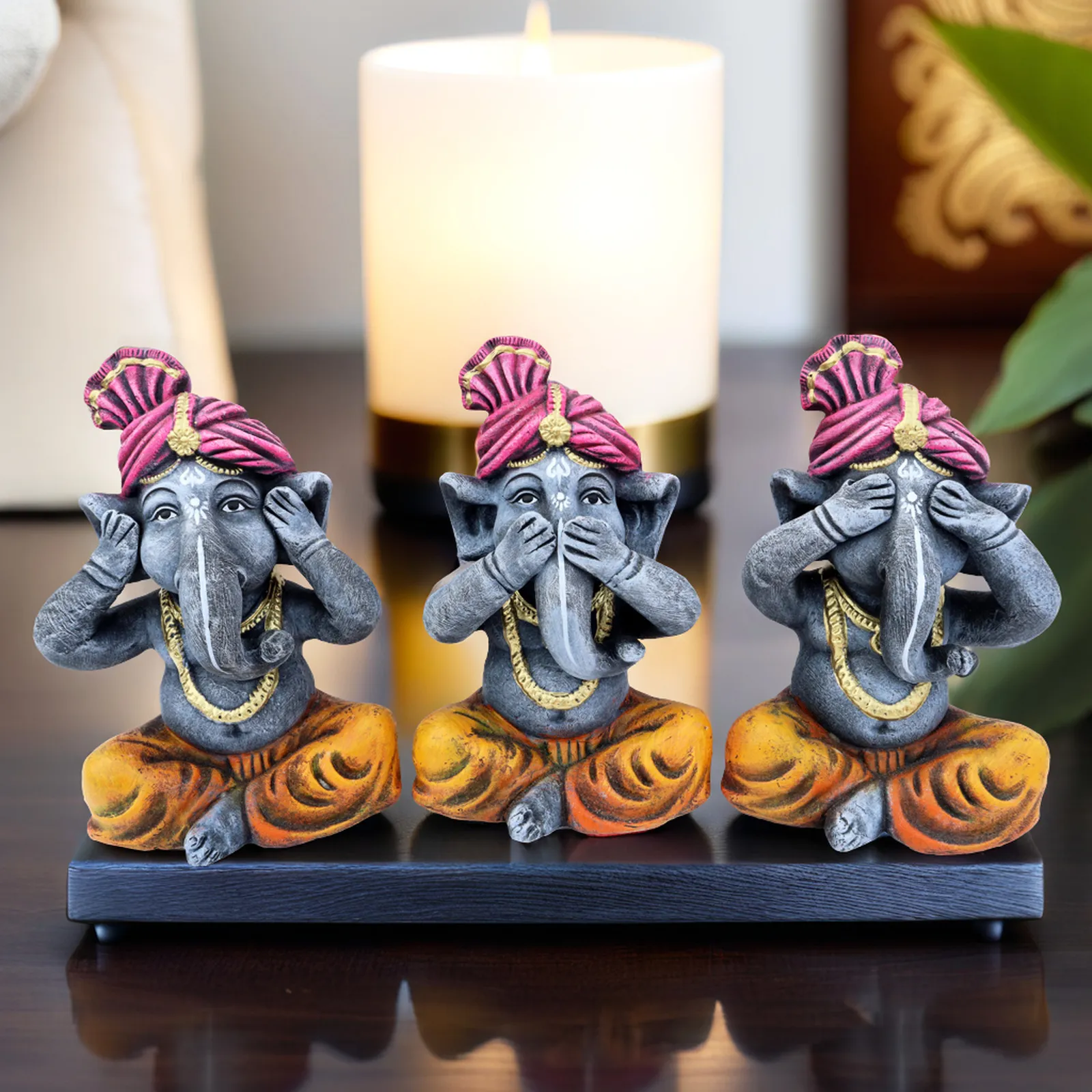 Ganesha Trio - Purple-Orange | Handmade Terracotta Clay Figurine | Abstract Terracotta Showpieces